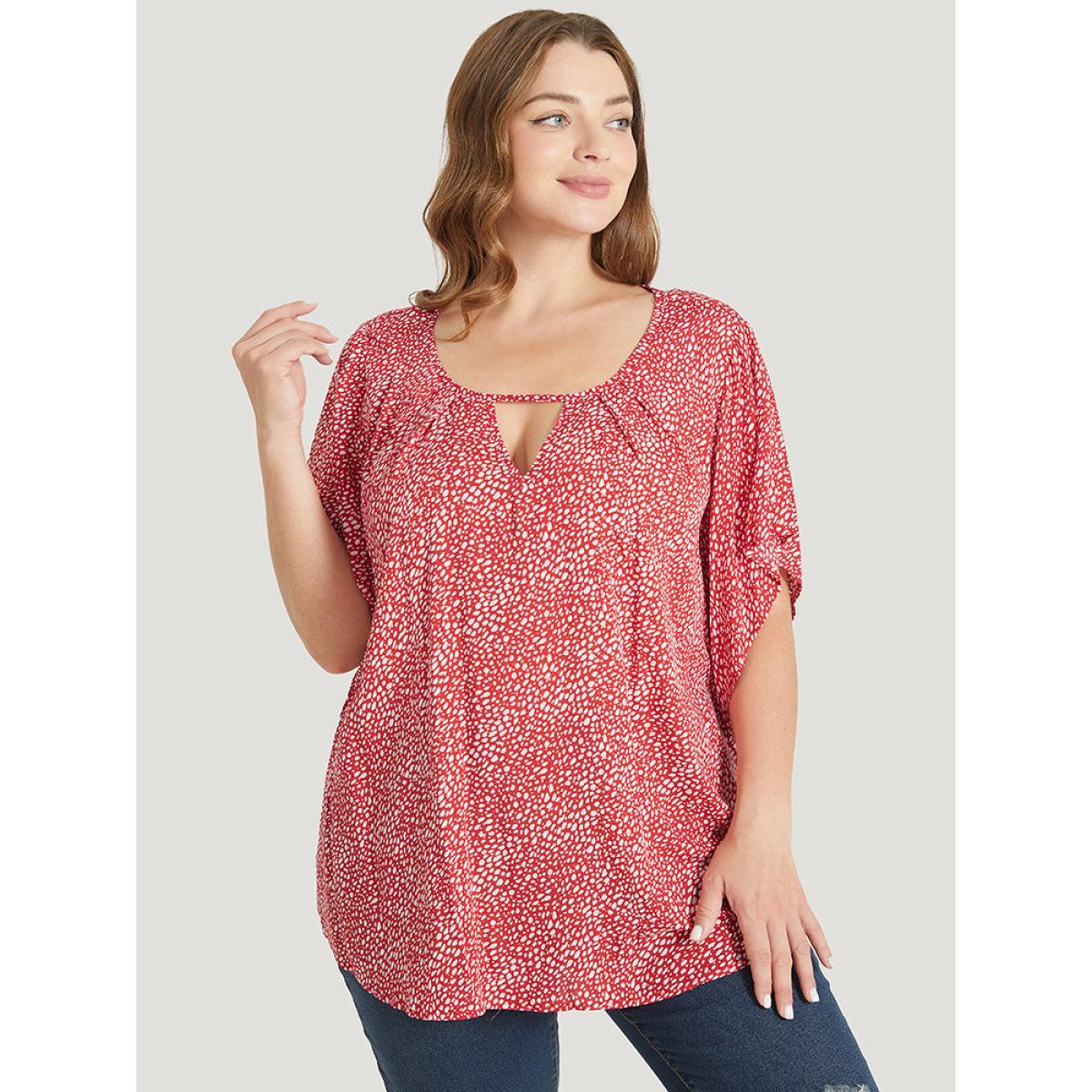Plus Size Scarlet Polka Dot Ruffle Sleeve Keyhole Neck Blouse Women Elegant Short sleeve Round Neck Dailywear Blouses BloomChic 30/6X Product Image