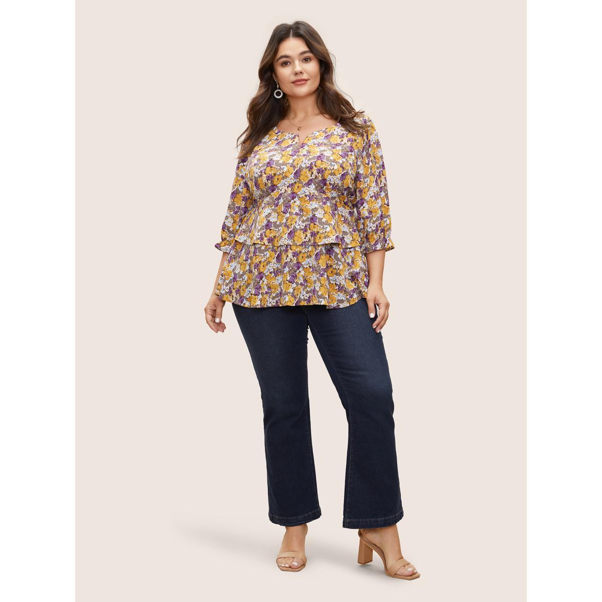 Plus Size Apricot Floral Allover Print Ruffles Tiered Hem Blouse Women Elegant Elbow-length sleeve Notched collar Everyday Blouses BloomChic 10/M Product Image