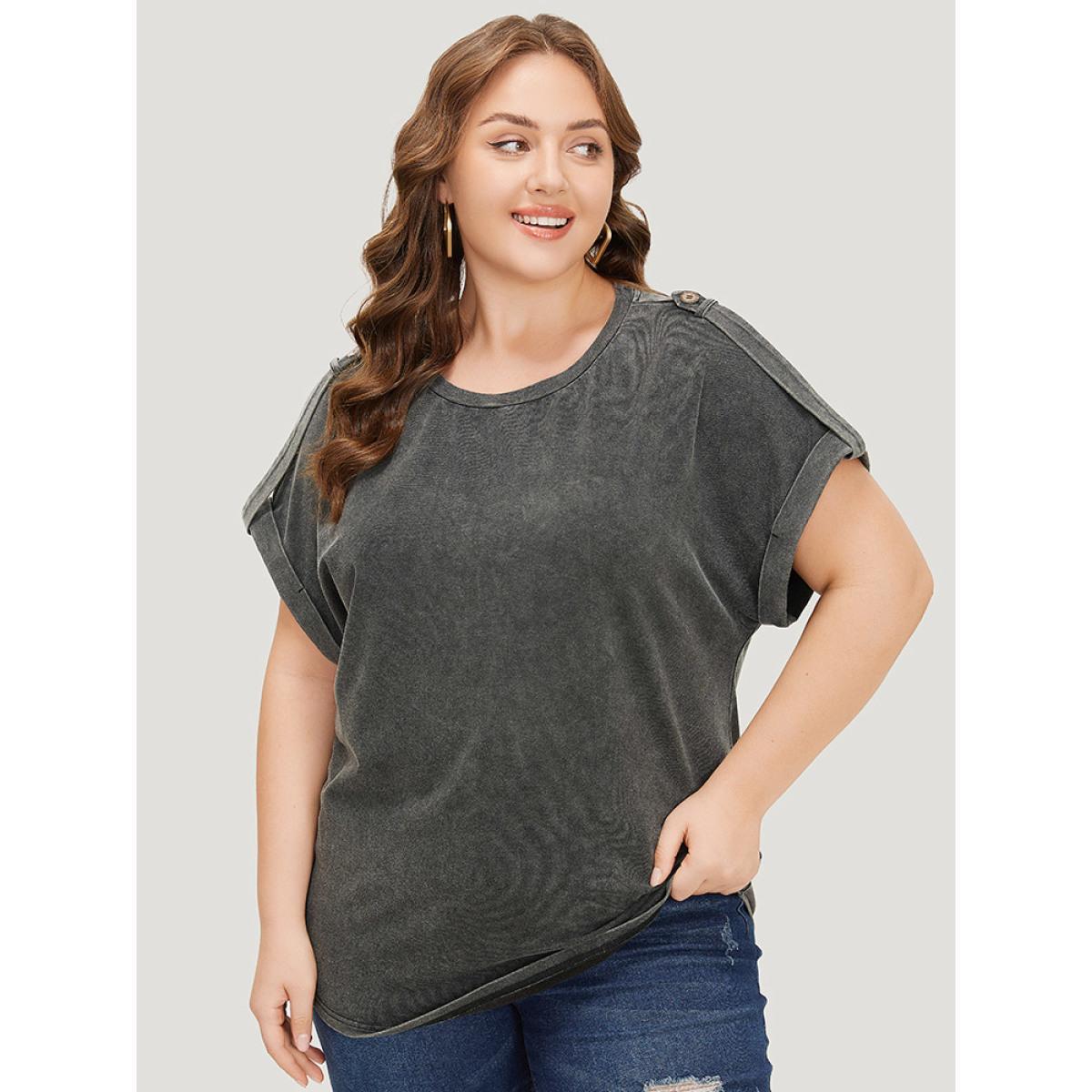 Plus Size Plain Roll Tab Sleeve Vintage T-shirt Black Women Casual Plain Round Neck Dailywear T-shirts BloomChic 18-20/2X Product Image
