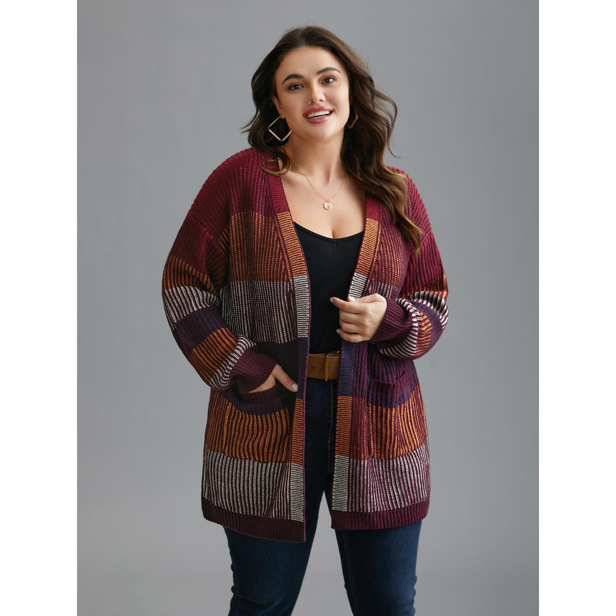 Plus Size Front-Open Color Block Knit Cardigan Multicolor Women Casual Loose Long Sleeve Everyday Cardigans BloomChic 12/L Product Image