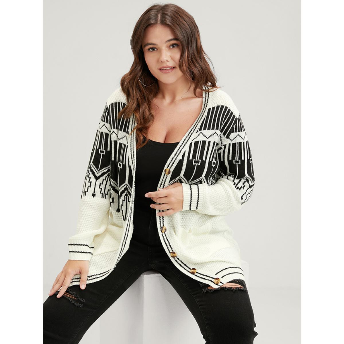 Plus Size Geometric Knitted Jacquard Contrast Pocket Button Front Cardigan White Women Elegant Loose Long Sleeve Dailywear Cardigans BloomChic 28/5X Product Image