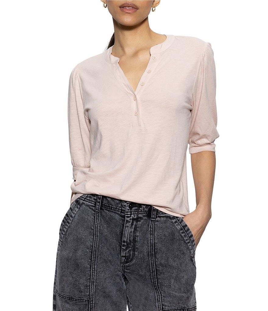 Sanctuary Mixed Media V-Neck Short Sleeve Front Button Tee Product Image