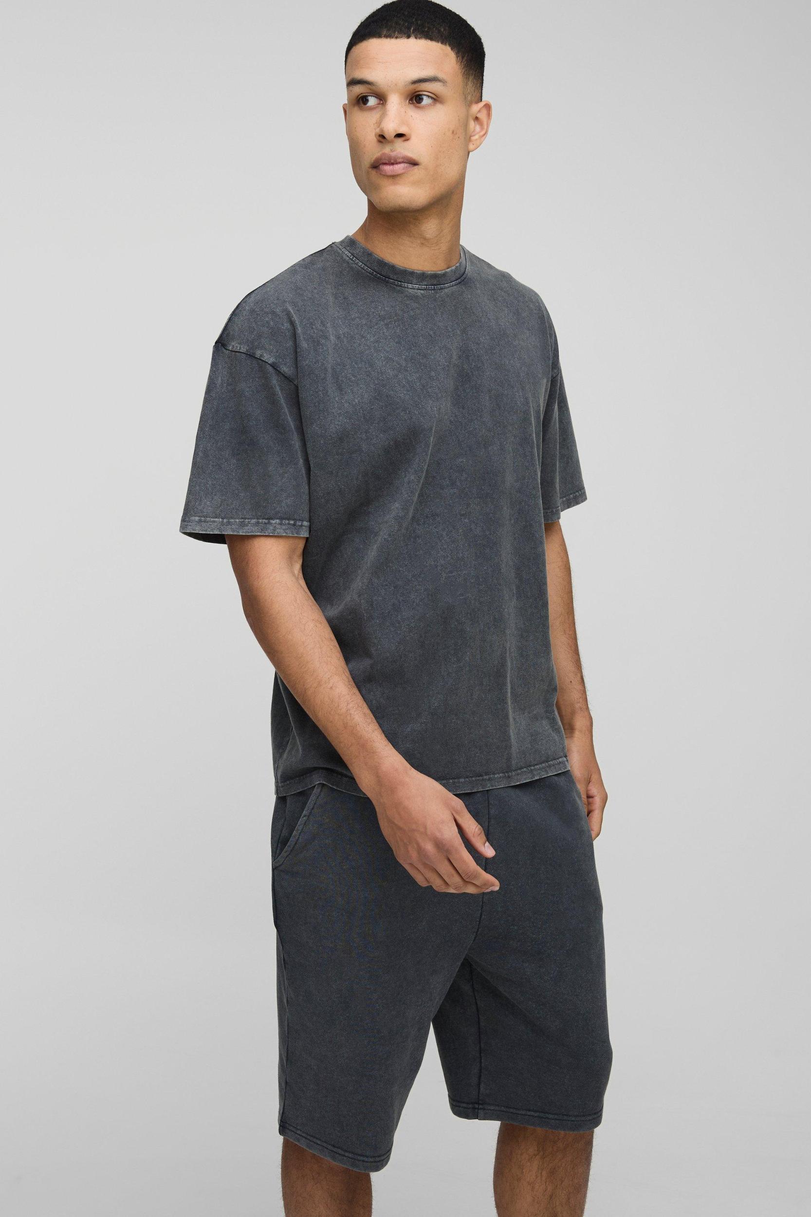 Tall Oversized Acid Wash T-Shirt & Short Set | boohooMAN USA Product Image