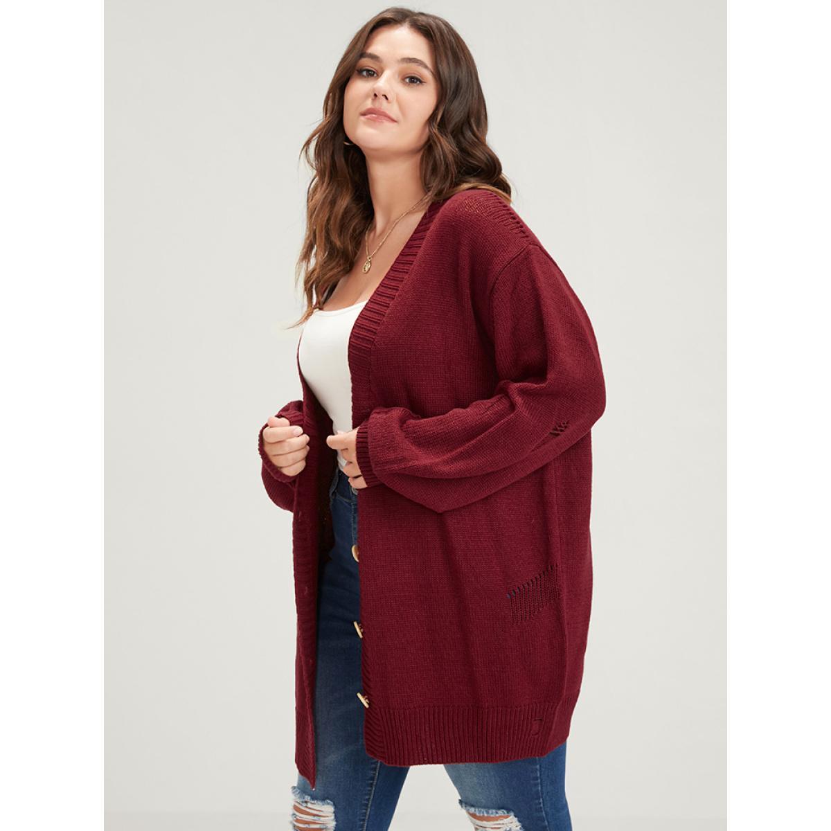 Plus Size Solid Pointelle Knit Distressed Button Front Mid Long Cardigan Scarlet Women Elegant Loose Long Sleeve Dailywear Cardigans BloomChic 28/5X Product Image