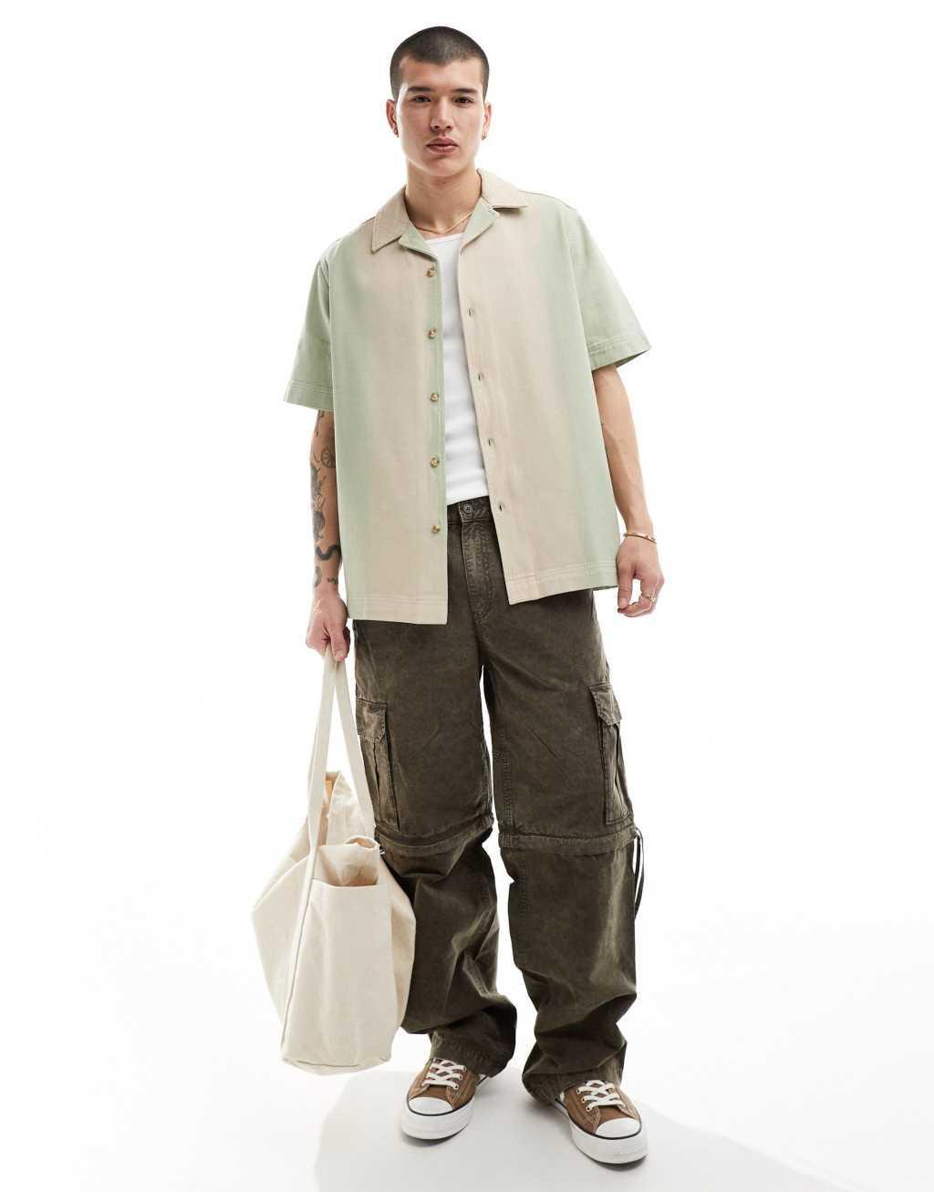 ASOS DESIGN short sleeve relaxed camp denim shirt in green ombre wash Product Image