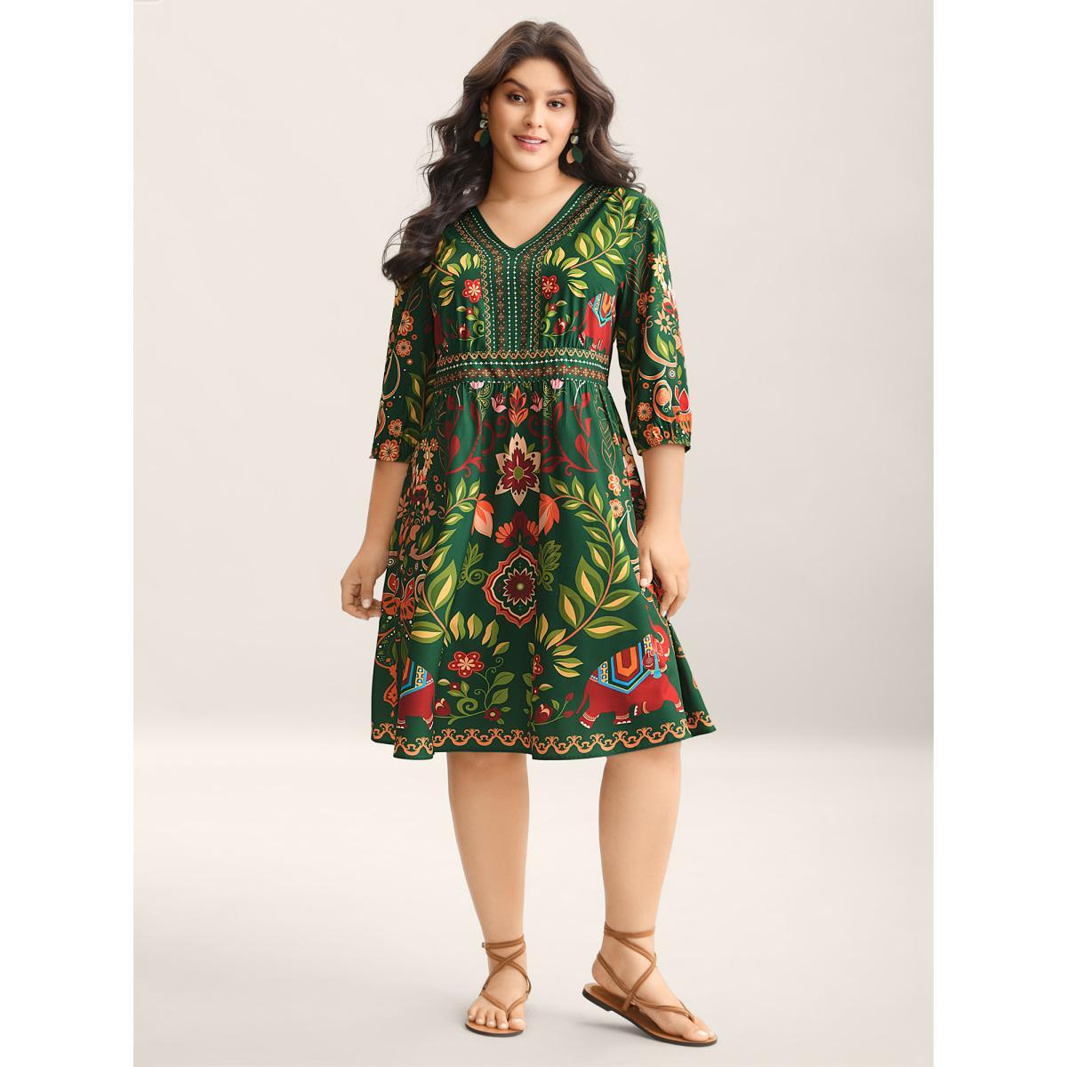 Plus Size Boho Print V-Neck Pockets Midi Dress Truegreen Women Resort Non V-neck Elbow-length sleeve Curvy BloomChic 22-24/3X Product Image