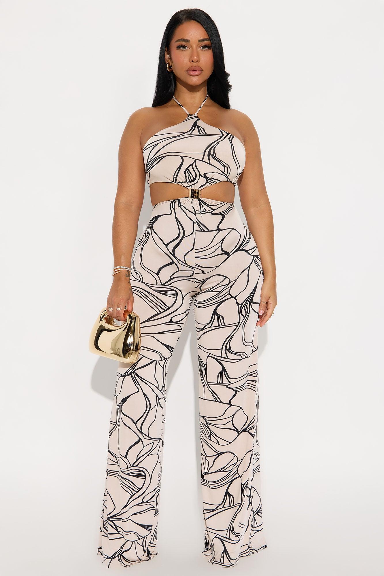Lesly Abstract Halter Jumpsuit - Taupe/combo Product Image