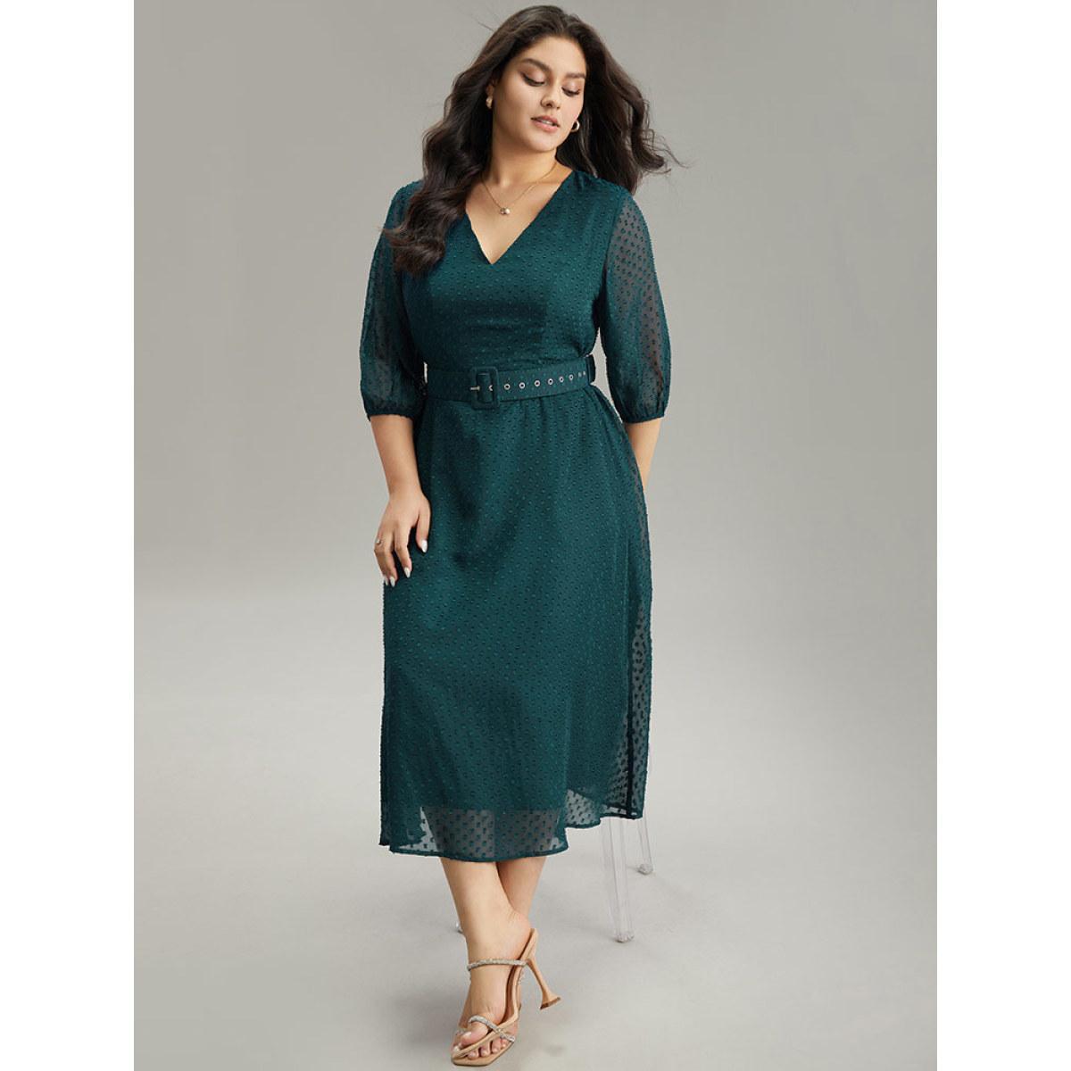 Plus Size Solid Texture Pocket Belted Mesh Patchwork Dress Aegean Women Glamour Elastic cuffs V-neck Elbow-length sleeve Curvy Midi Dress BloomChic 12/L Product Image