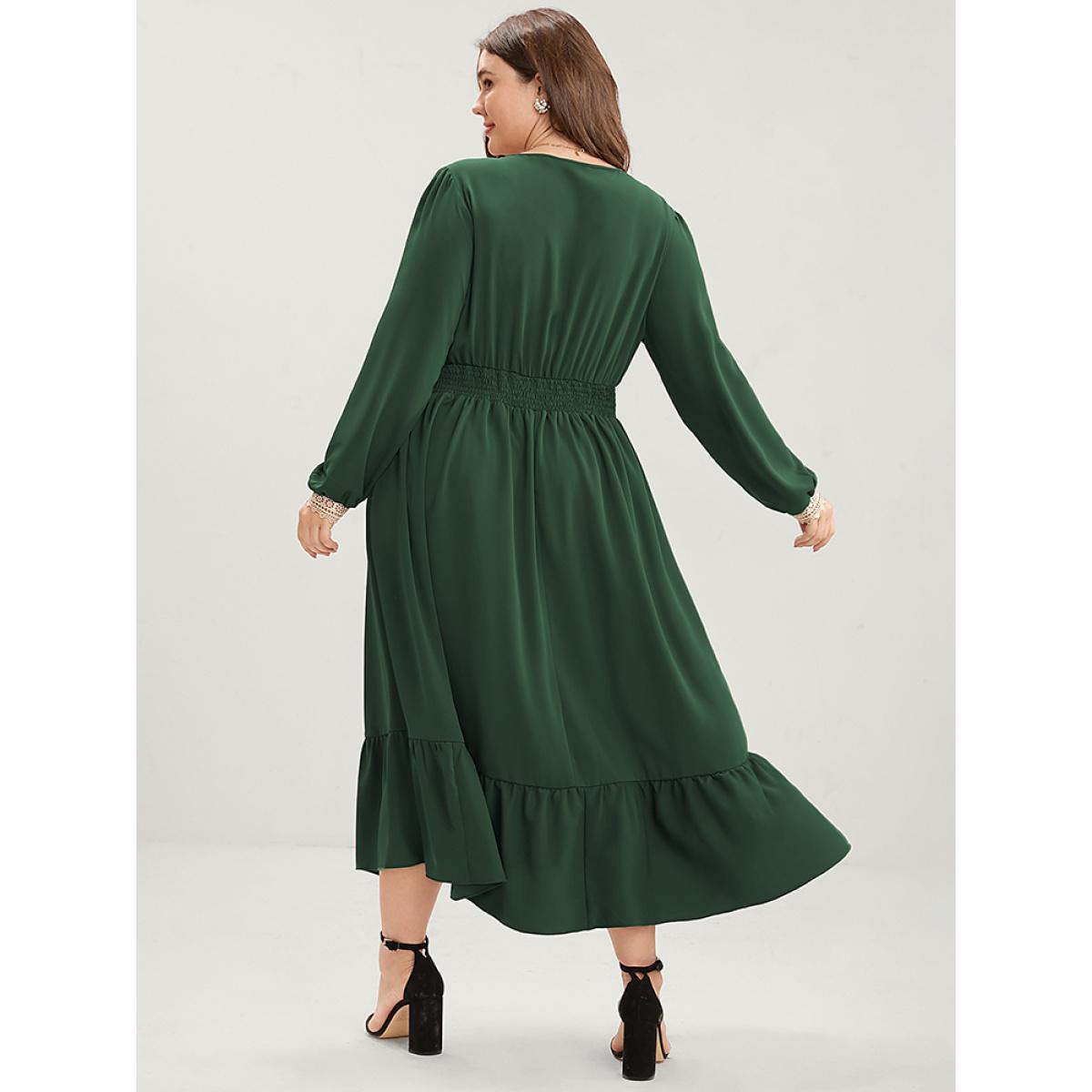 Plus Size Solid Lantern Sleeve Shirred Pocket Lace Trim Ruffle Hem Dress Green Women Elegant Patchwork V-neck Long Sleeve Curvy Midi Dress BloomChic 14-16/1X Product Image