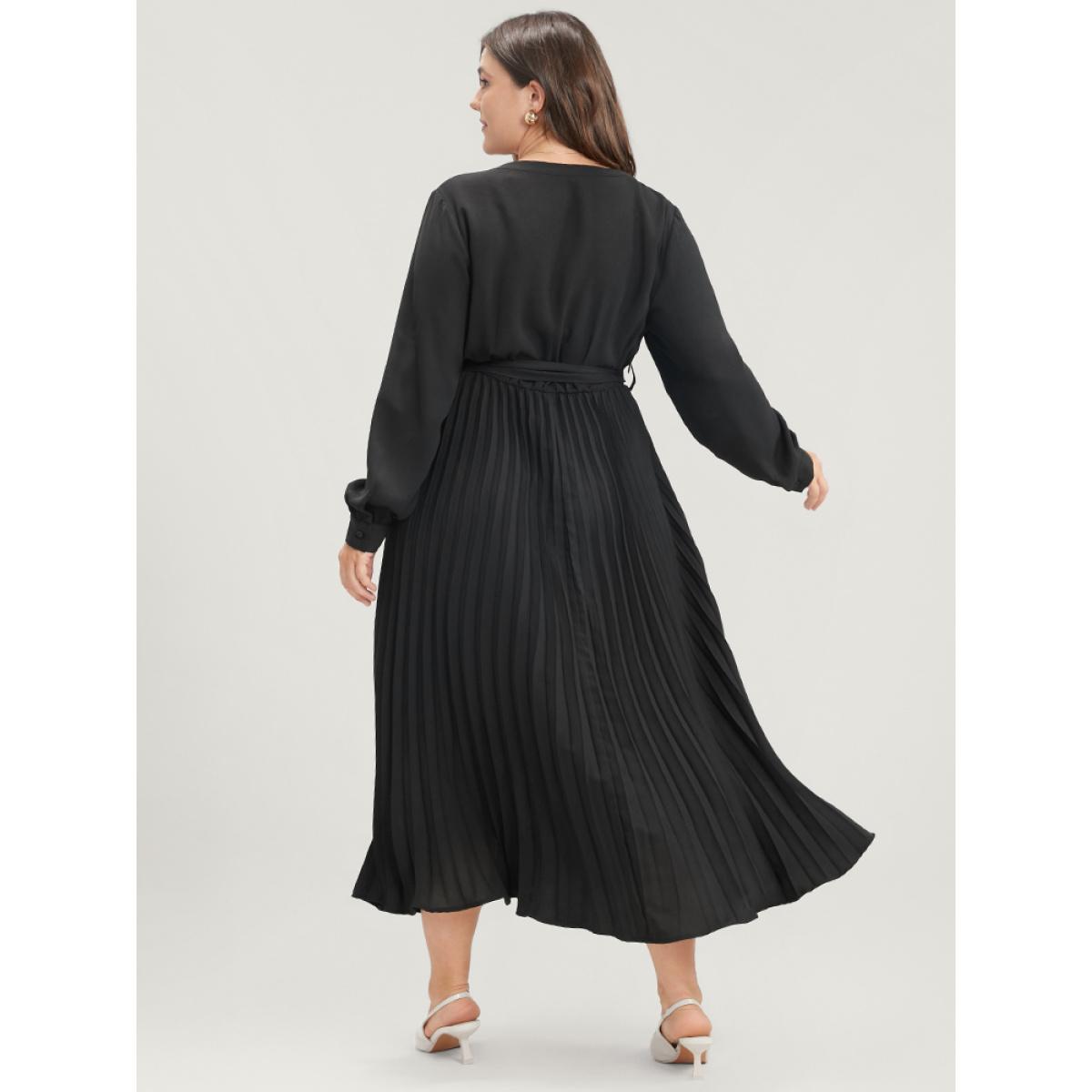 Plus Size Solid V Neck Belted Pleated Midi Dress Black Women Office Belted V-neck Long Sleeve Curvy Midi Dress BloomChic 28/5X Product Image