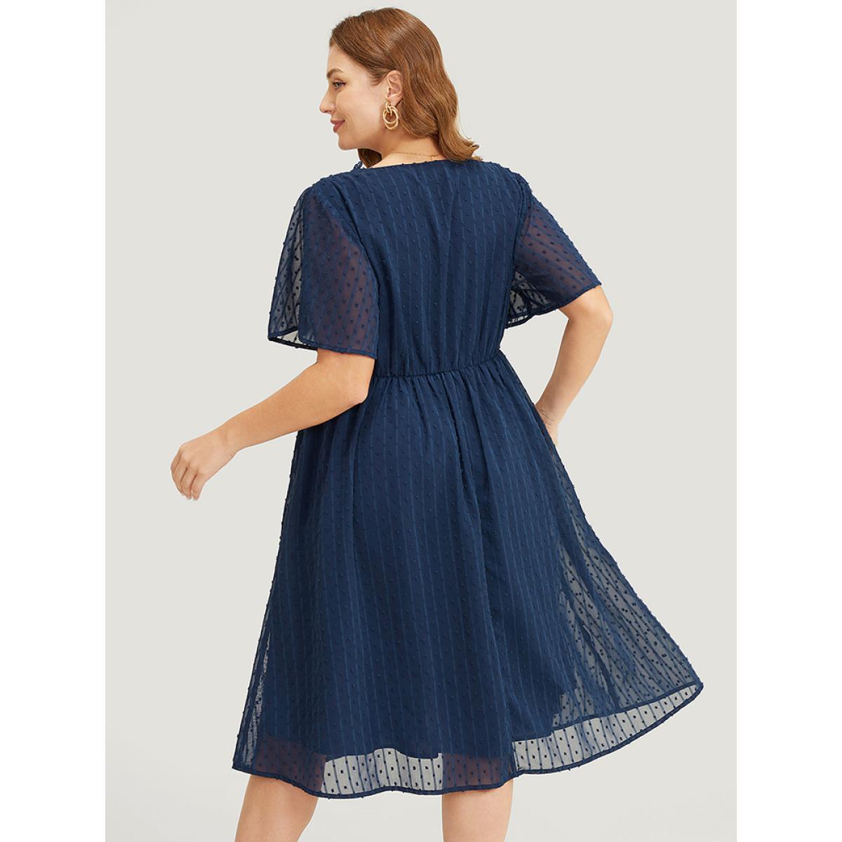 Plus Size Polka Dot Mesh Ruffle Sleeve Lace Trim Pocket Belted Dress Navy Women Elegant See through V-neck Short sleeve Curvy Midi Dress BloomChic 10/M Product Image