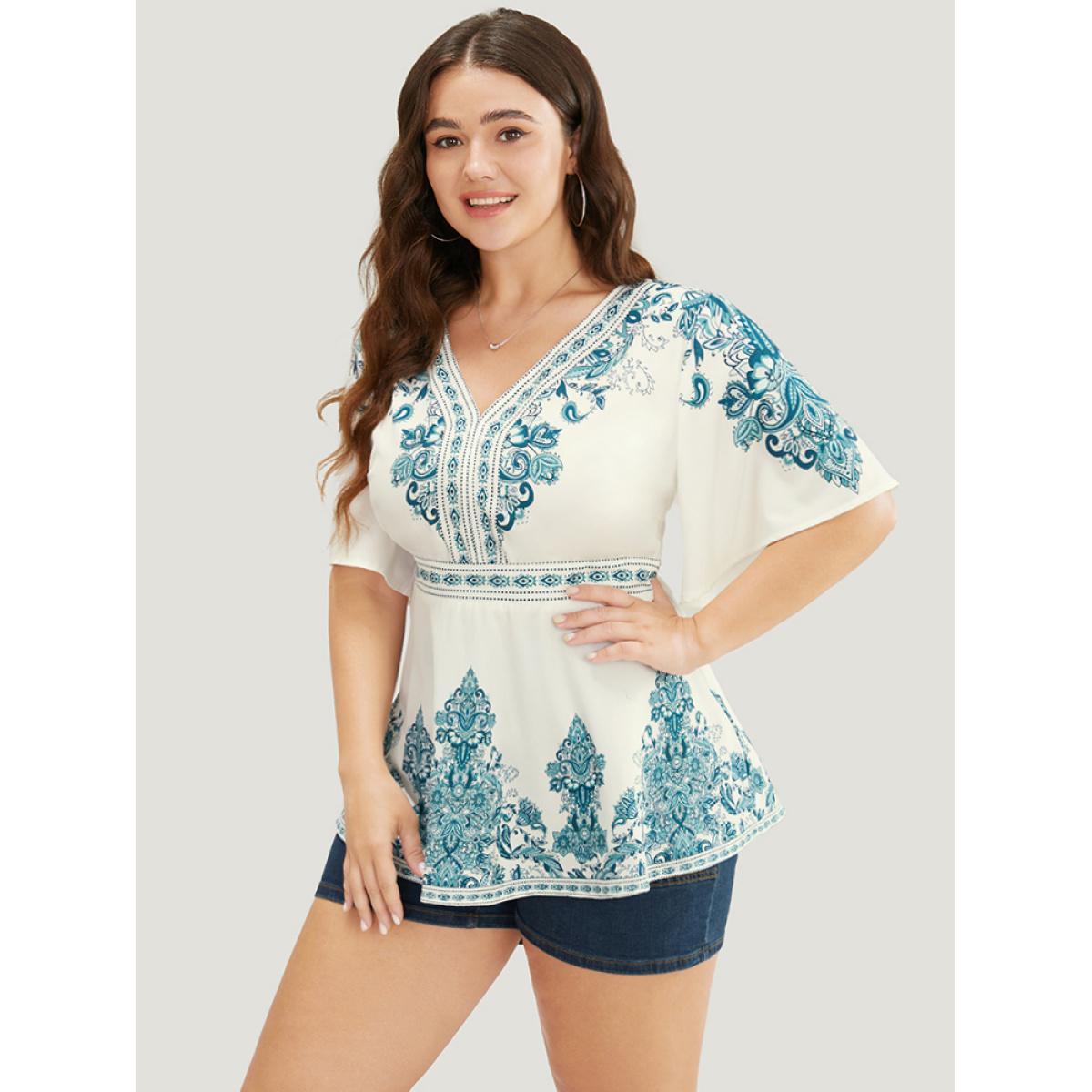Plus Size Cerulean Bandana Print Ruffles Elastic Waist Blouse Women Vacation Short sleeve V-neck Dailywear Blouses BloomChic 28/5X Product Image
