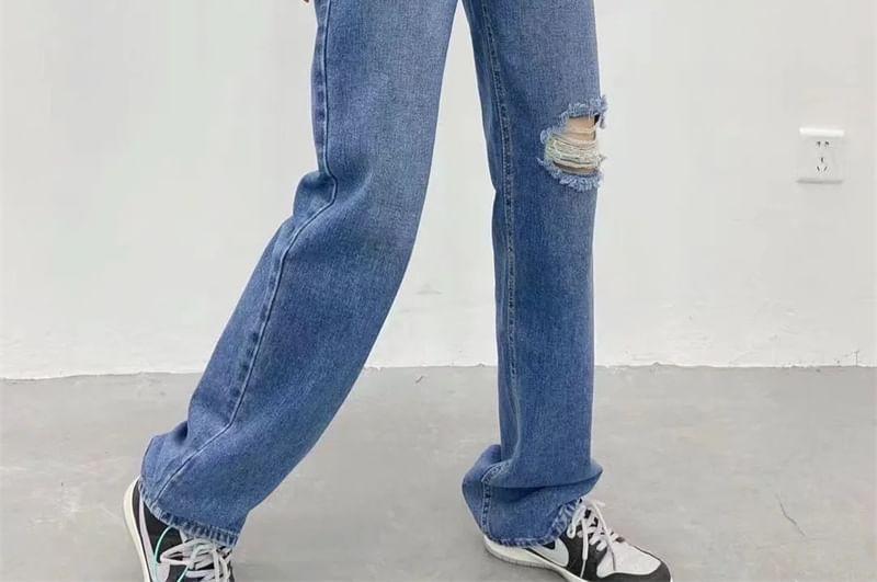 High Rise Washed Ripped Straight Leg Jeans Product Image