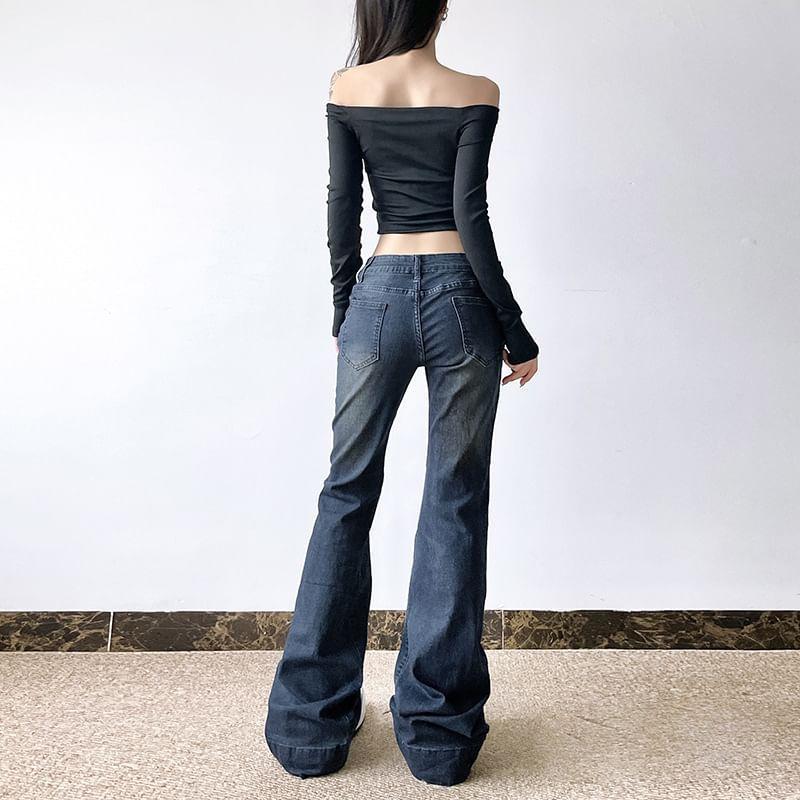 Low Waist Distressed Washed Bootcut Jeans Product Image