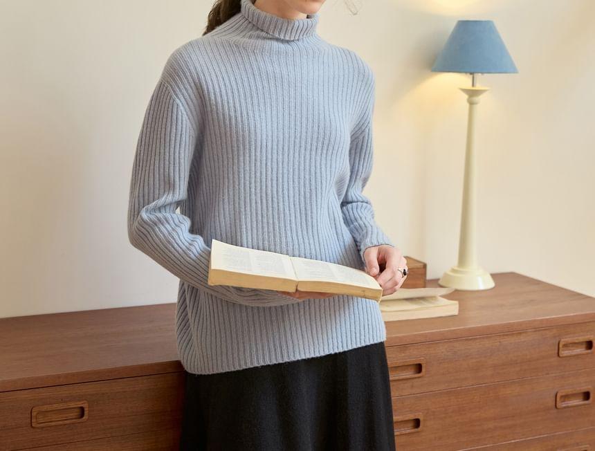 Long-Sleeve Turtleneck Plain Ribbed Knit Top Product Image