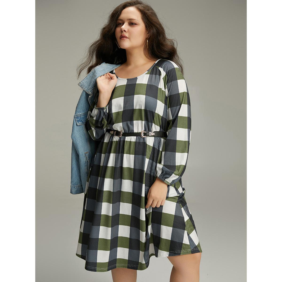 Plus Size Plaid Lantern Sleeve Ruffle Hem Dress DimGray Women Casual Elastic cuffs Scoop Neck Long Sleeve Curvy Midi Dress BloomChic 14-16/1X Product Image