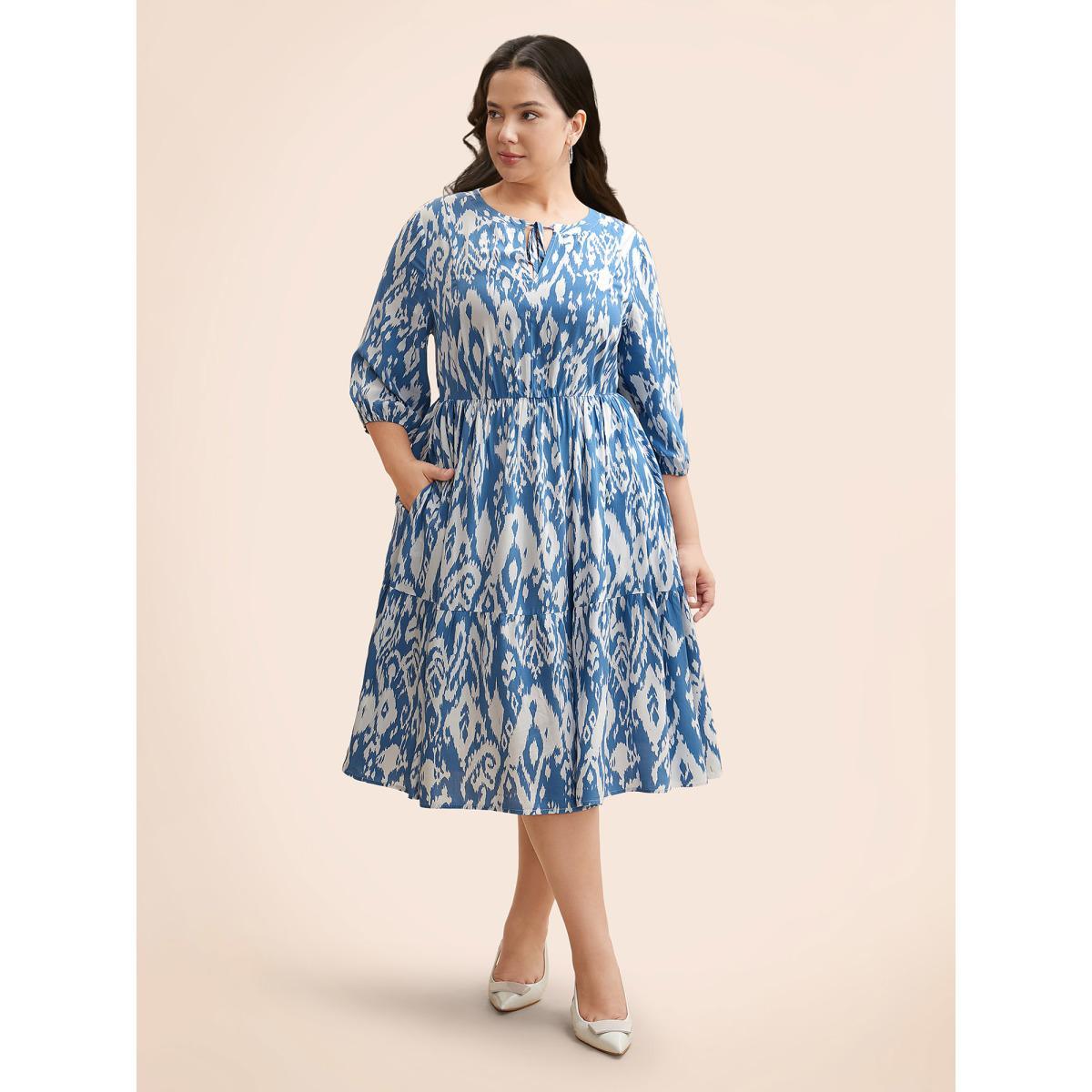 Plus Size Damask Print Tie Knot Puff Sleeve Dress Skyblue Women Resort Tie knot V-neck Elbow-length sleeve Curvy BloomChic 14-16/1X Product Image