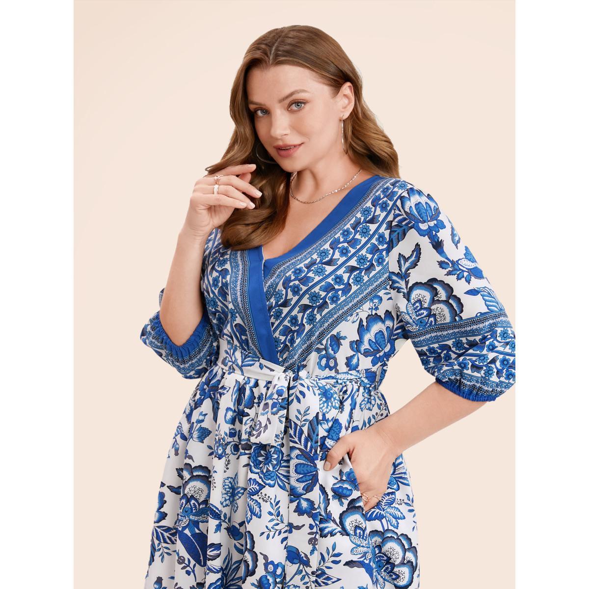 Plus Size Bandana Print Surplice Neck Lantern Sleeve Pocket Belted Midi Dress Blue Women Resort Non V-neck Half Sleeve Curvy Midi Dress BloomChic 18-20/2X Product Image