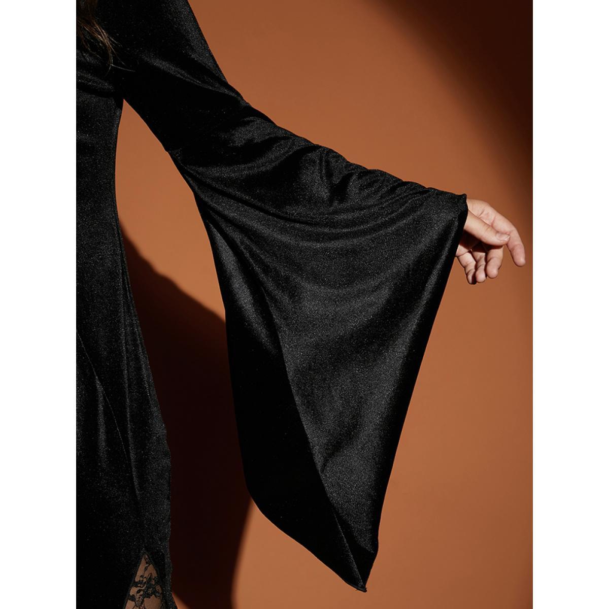 Plus Size Halloween Bell Sleeve Velvet Lace Insert Maxi Dress Black Women Party Slit V-neck Long Sleeve Curvy Long Dress BloomChic 28/5X Product Image