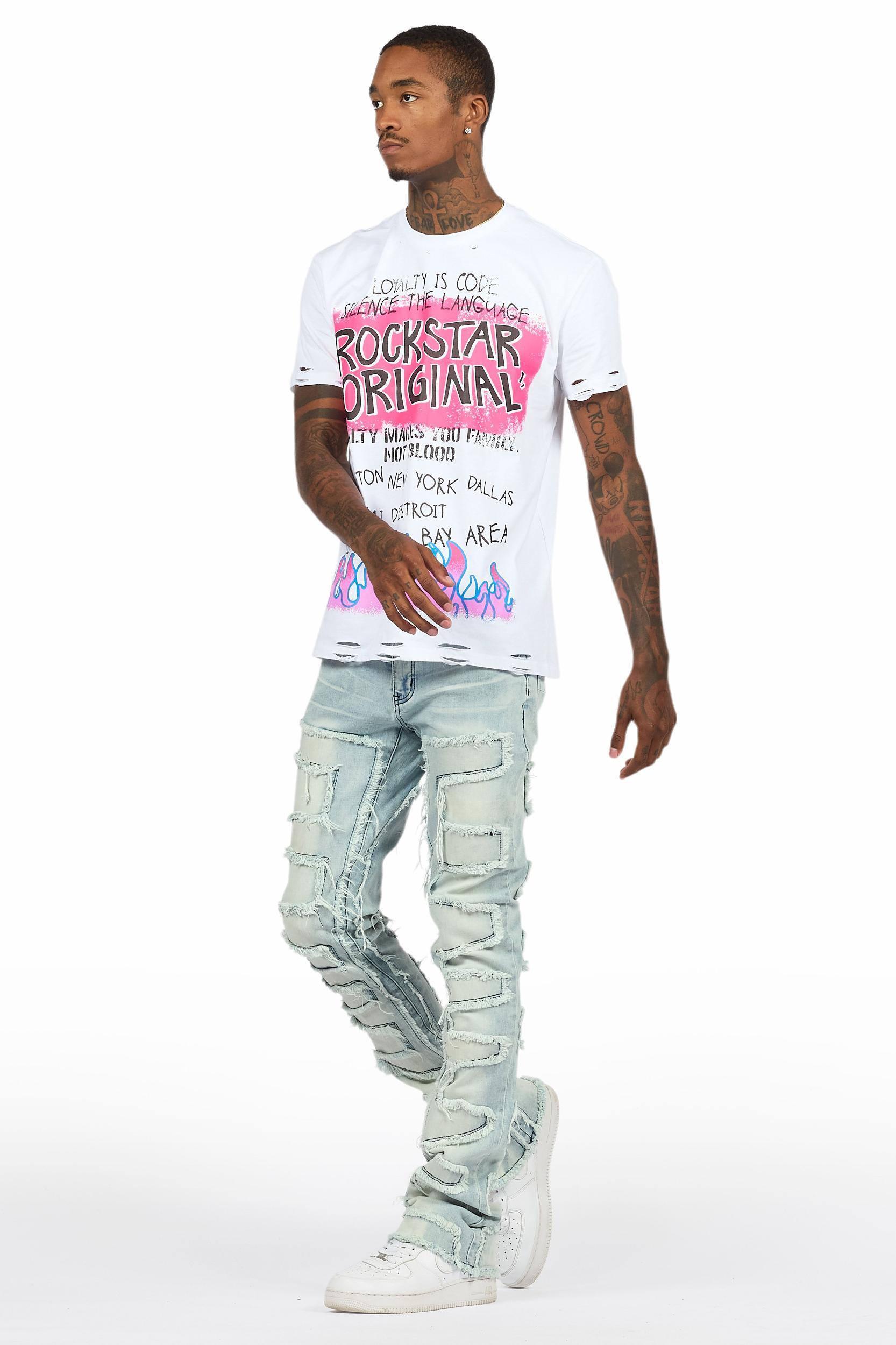 Beno White T-Shirt & Shake Blue Stacked Flare Jean Bundle Male Product Image