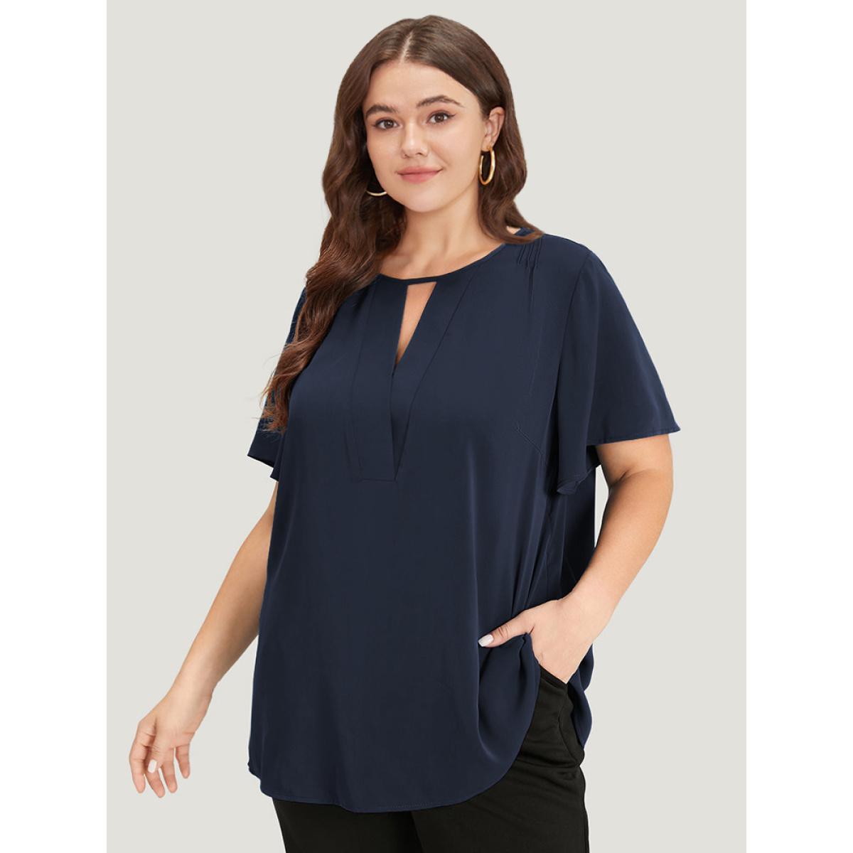 Plus Size Black Plain Cut Out Flutter Sleeve Pleated Blouse Women Office Short sleeve V-neck Work Blouses BloomChic 18-20/2X Product Image