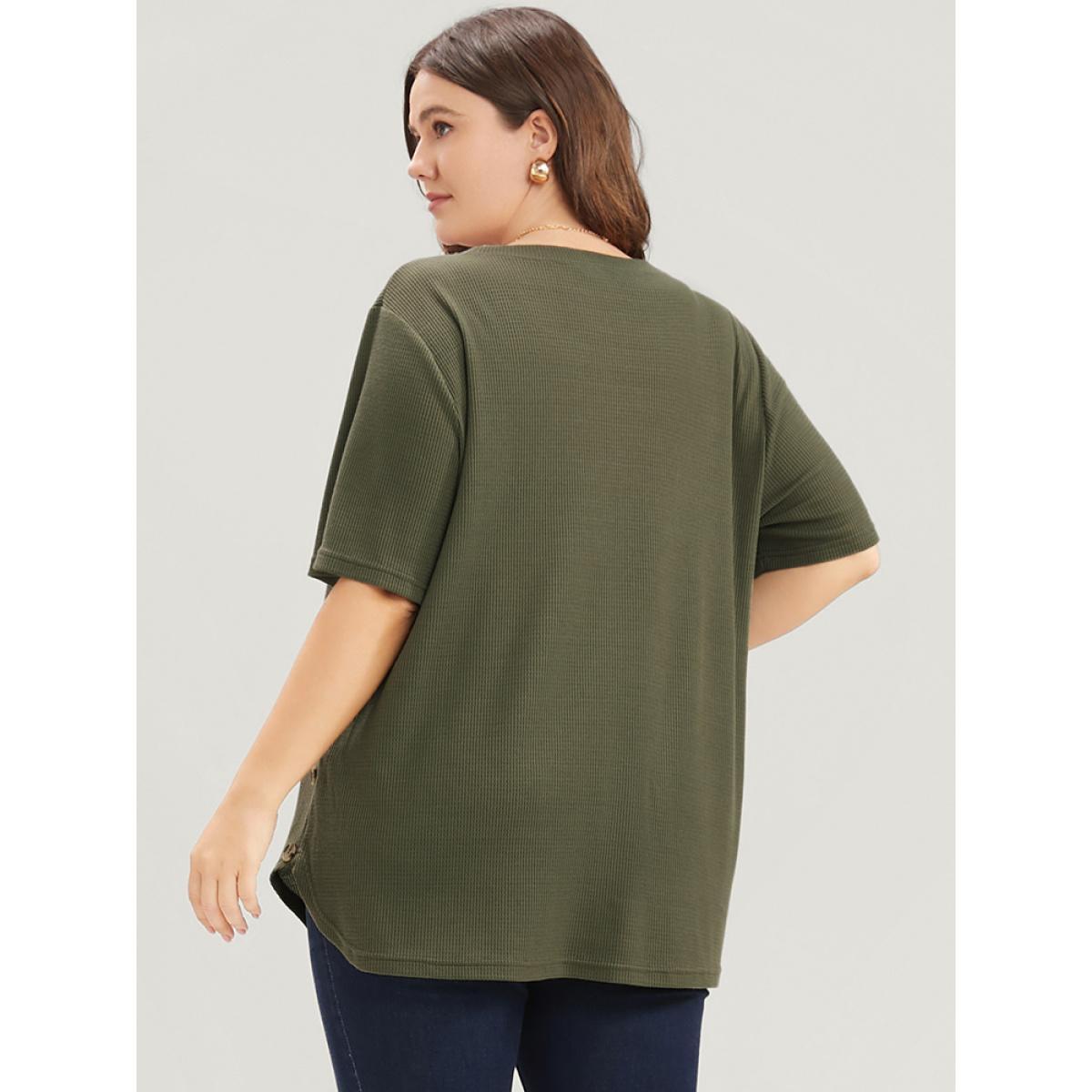 Plus Size Plain Round Neck Button Detail Waffle Knit Tee ArmyGreen Women Casual Button Plain Round Neck Dailywear T-shirts BloomChic 30/6X Product Image