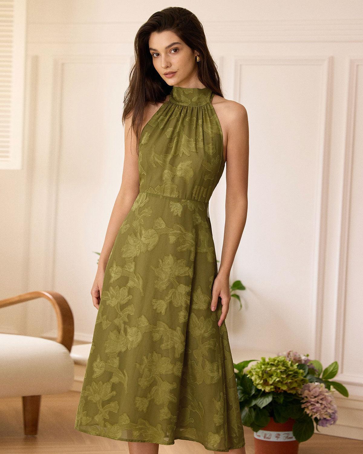 The Green Jacquard Ruched Halter Midi Dress Product Image
