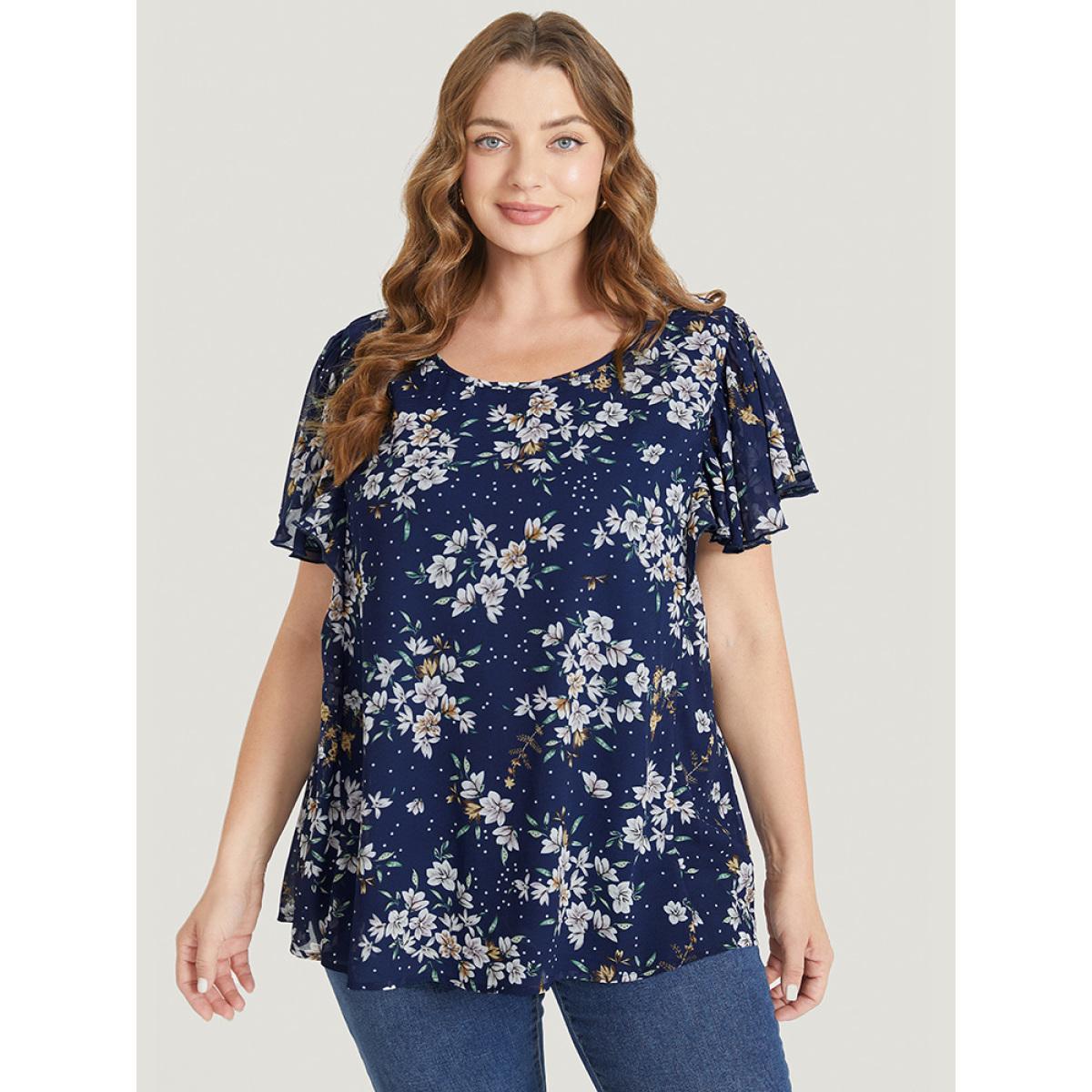 Plus Size Indigo Floral Printed Ruffle Sleeve Round Neck Blouse Women Elegant Short sleeve Round Neck Dailywear Blouses BloomChic 28/5X Product Image