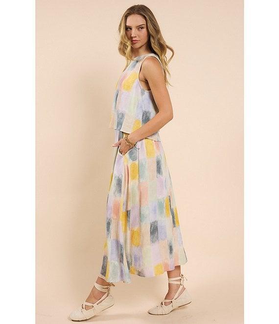 Sadie & Sage Linen Water Color Print Elastic Waist Coordinating Midi Skirt Product Image