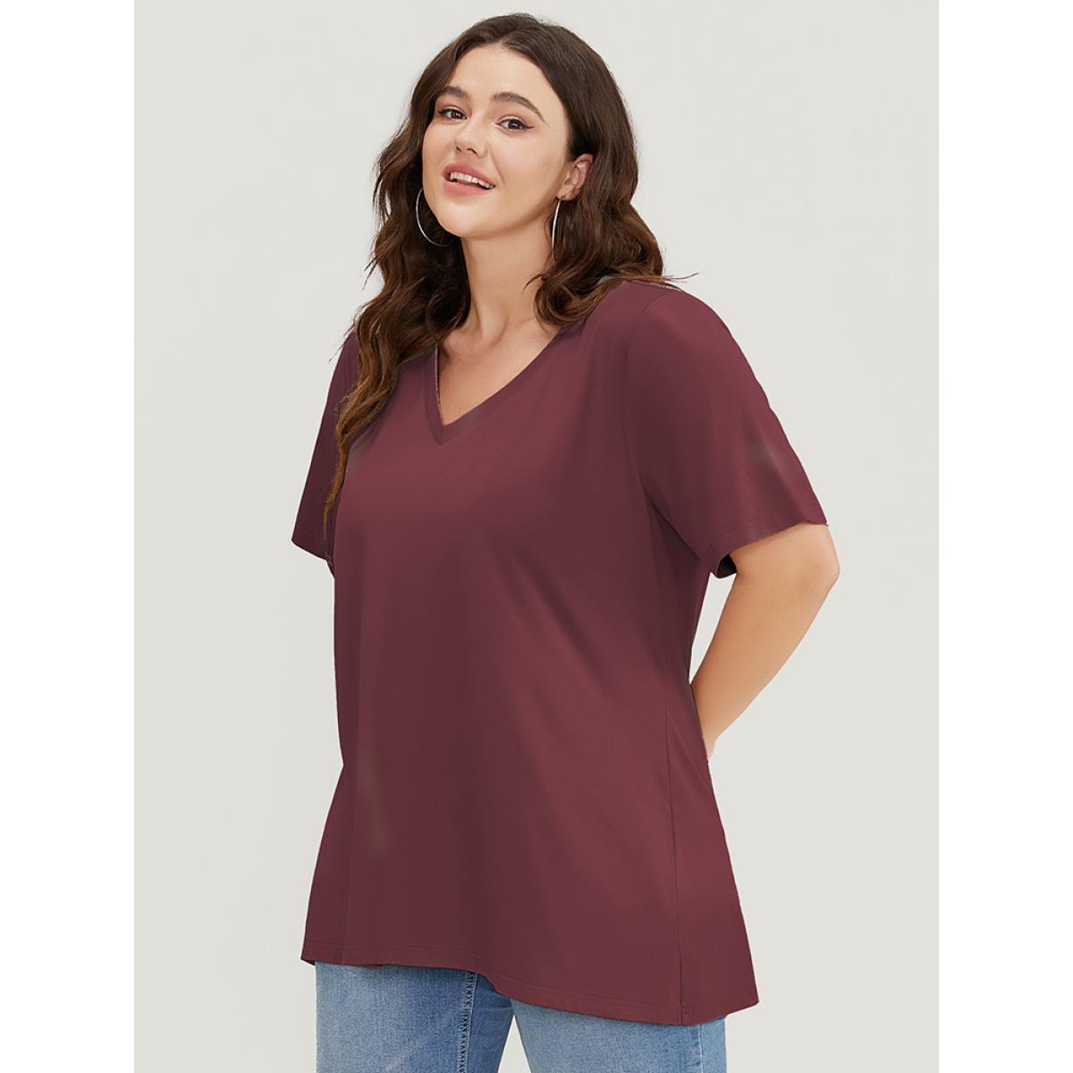 Plus Size UltraCool Short Sleeve Drop Shoulder V Neck T-shirt Burgundy Women Basics Plain V-neck Dailywear T-shirts BloomChic 14-16/1X Product Image