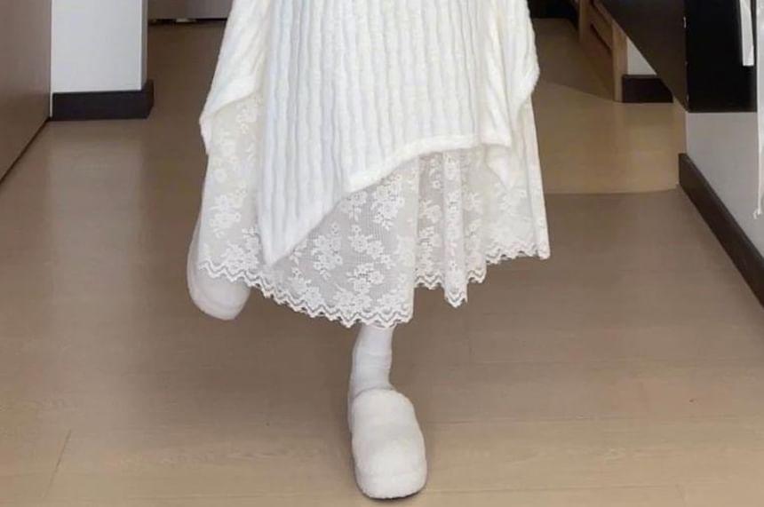 Long-Sleeve V-Neck Mock Two-Piece Asymmetrical Lace Panel Layered Midi A-Line Knit Dress / Mock Neck Dress Product Image
