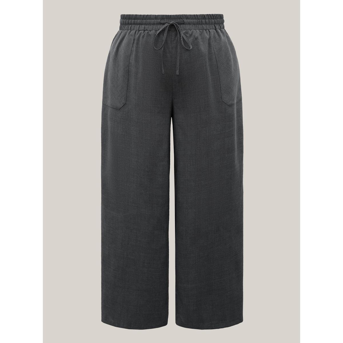 Plus Size Waist Drawstring Plaid Wide Leg Pants Women Black At the Office Wide Leg Mid Rise Work Pants BloomChic 26/4X Product Image