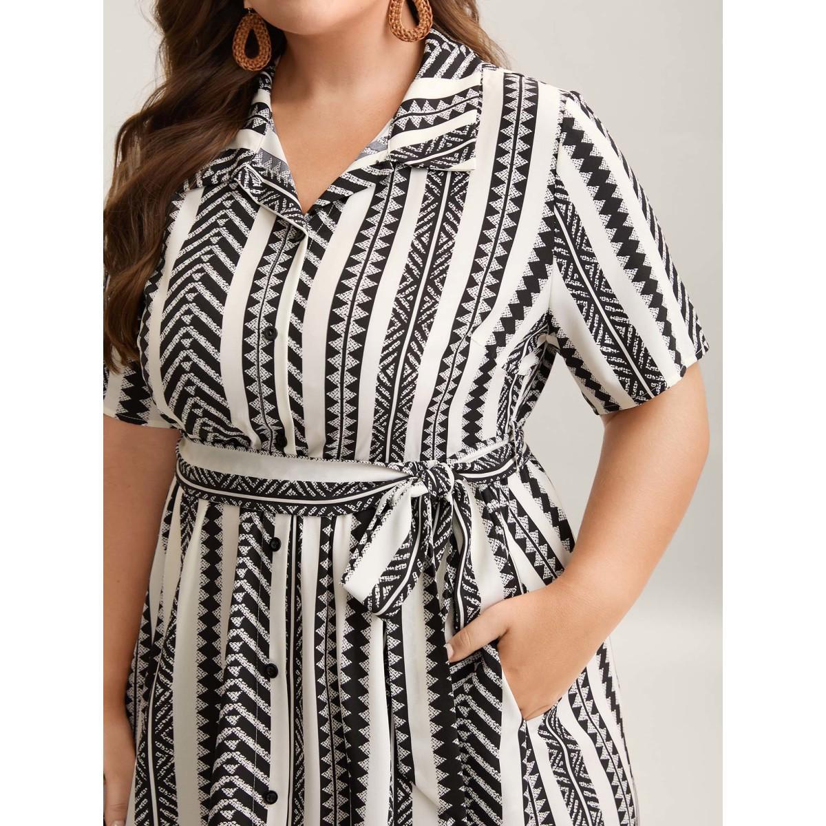 Plus Size Boho Striped Stretchy Waist Shirt Dress WhiteSmoke Women Resort Belted Shirt collar Short sleeve Curvy BloomChic 12/L Product Image