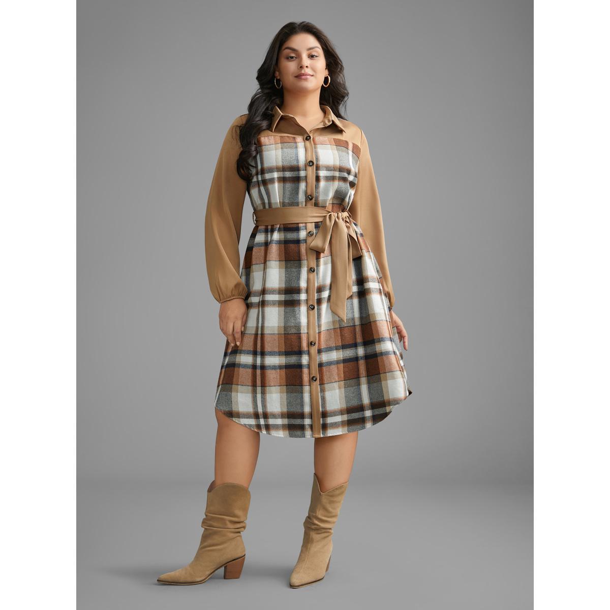 Plus Size Shirt Collar Plaid Patchwork Belted Dress Bronze Women Casual Belted Shirt collar Long Sleeve Curvy BloomChic 10/M Product Image