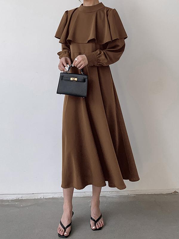 A-Line Long Sleeves Ruffle Trim Solid Color Tied Waist Mock Neck Midi Dresses Product Image