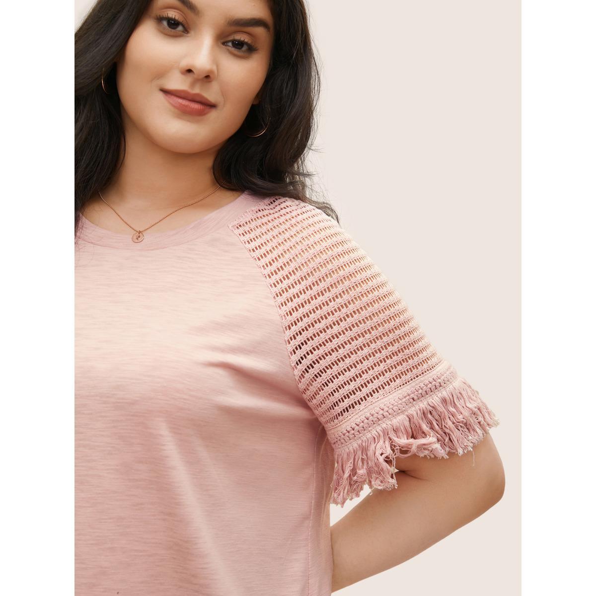 Plus Size Solid Cut Out Raglan Sleeve Fuzzy Trim T-shirt Pink Women Elegant Non Plain Round Neck Everyday T-shirts BloomChic 14-16/1X Product Image