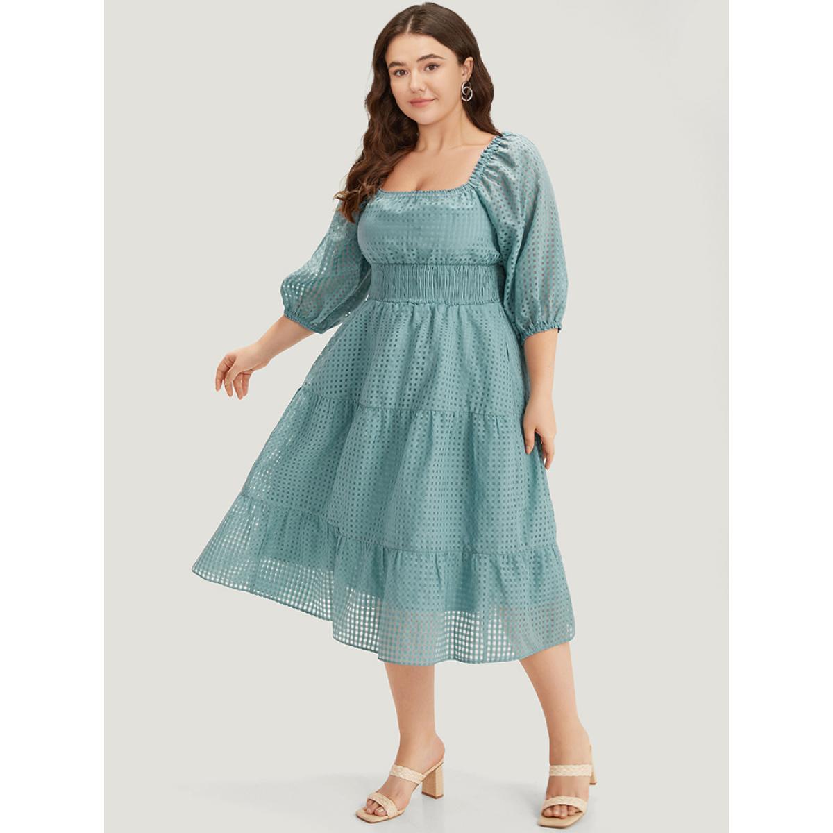 Plus Size Plain Gathered Texture Shirred Pocket Lantern Sleeve Dress Cerulean Women Elegant Elastic cuffs Square Neck Elbow-length sleeve Curvy Midi Dress BloomChic 12/L Product Image