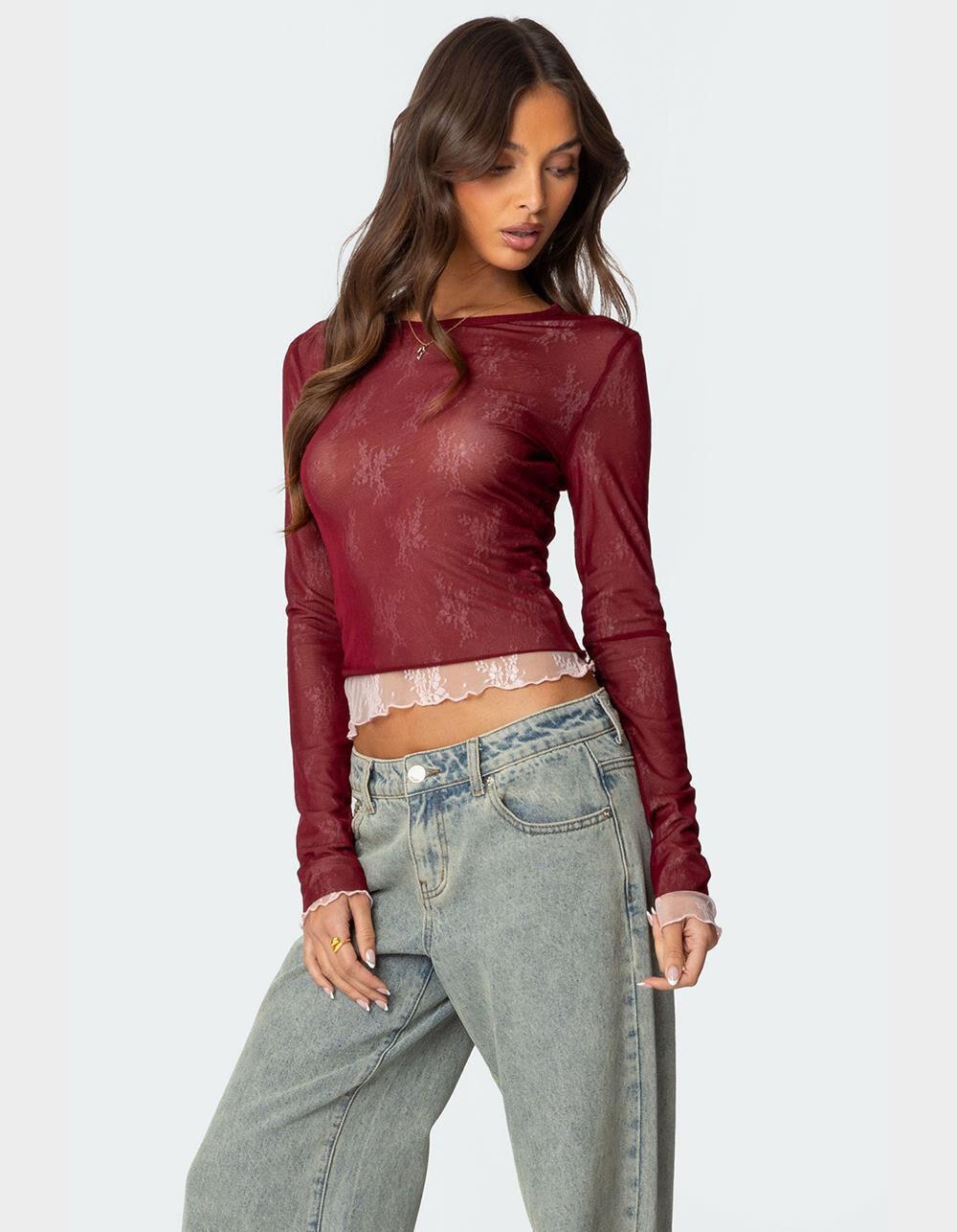 EDIKTED Lacey Sheer Mesh Crew Neck Top Product Image