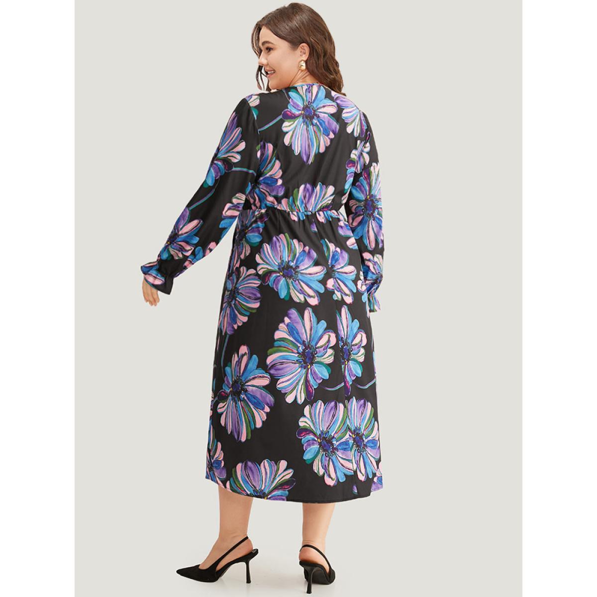 Plus Size Floral Print Flutter Trim Dress Black Women Office Printed V-neck Long Sleeve Curvy Midi Dress BloomChic 12/L Product Image