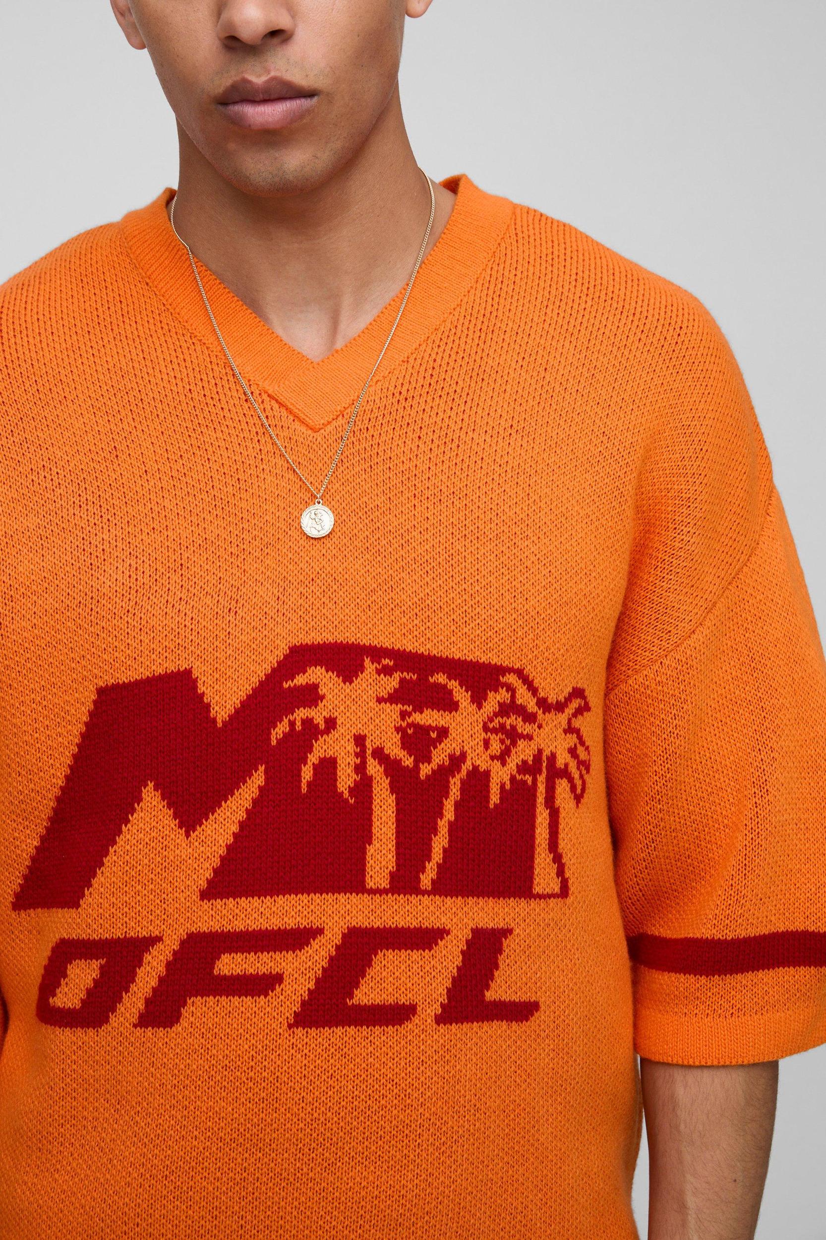 OFCL Oversized Boxy V Neck Baseball Knitted T-Shirt & Short Set | boohooMAN USA Product Image