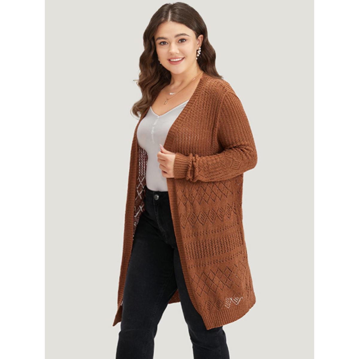Plus Size Solid Geometric Hollow Out Open Front Cardigan Chocolate Women Casual Long Sleeve Dailywear Cardigans BloomChic 30/6X Product Image