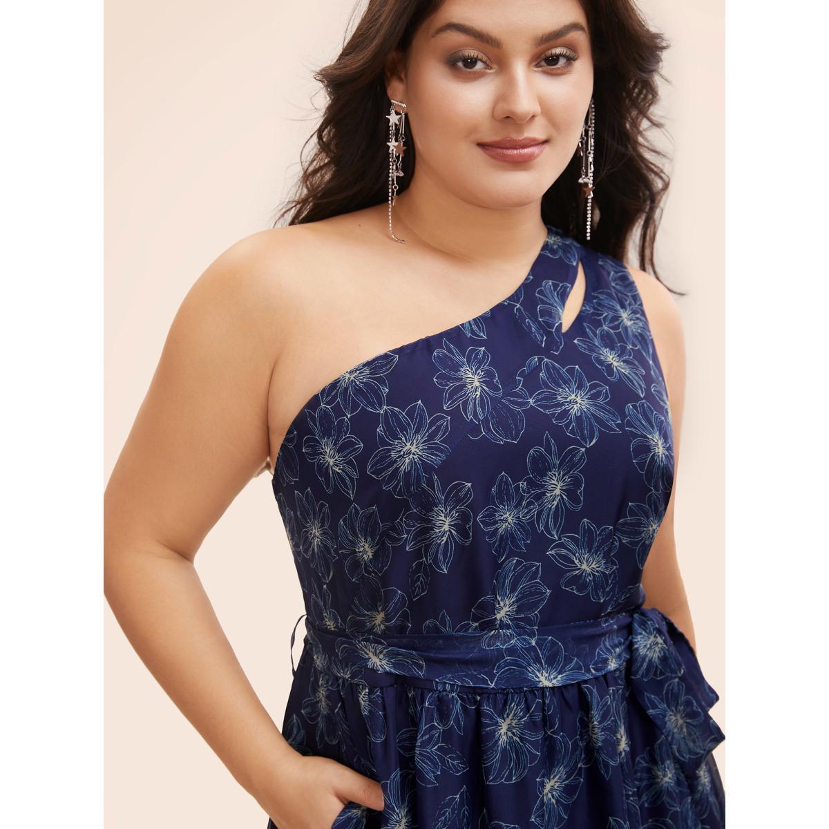 Plus Size Floral Asymmetrical Neck Mesh Belted Dress DarkBlue Women Cocktail See through Party Curvy Bloomchic 10/M Product Image