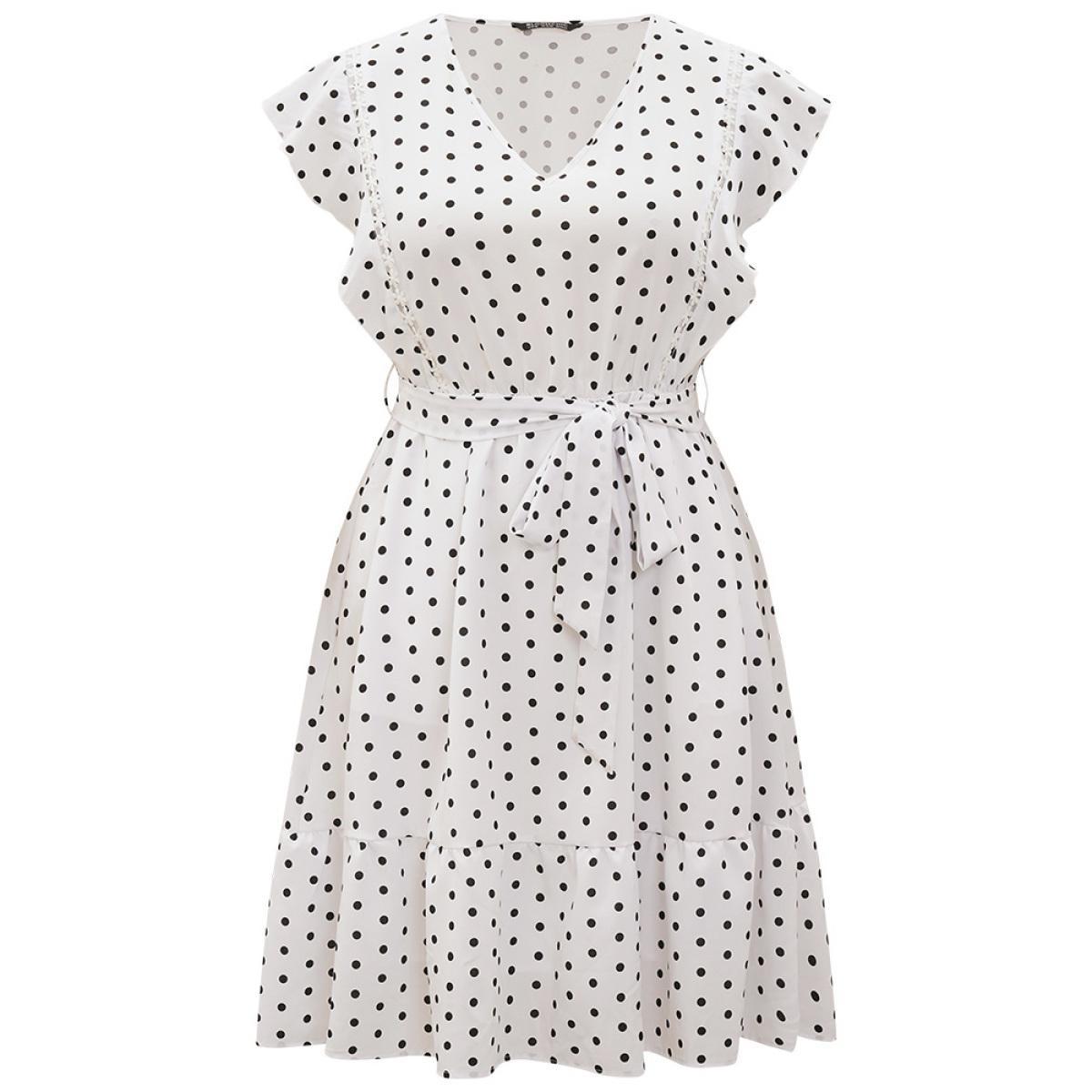 Plus Size Polka Dot Belted Pocket Ruffle Cap Sleeve Dress White Women Elegant Belted V-neck Cap Sleeve Curvy Knee Dress BloomChic 14-16/1X Product Image