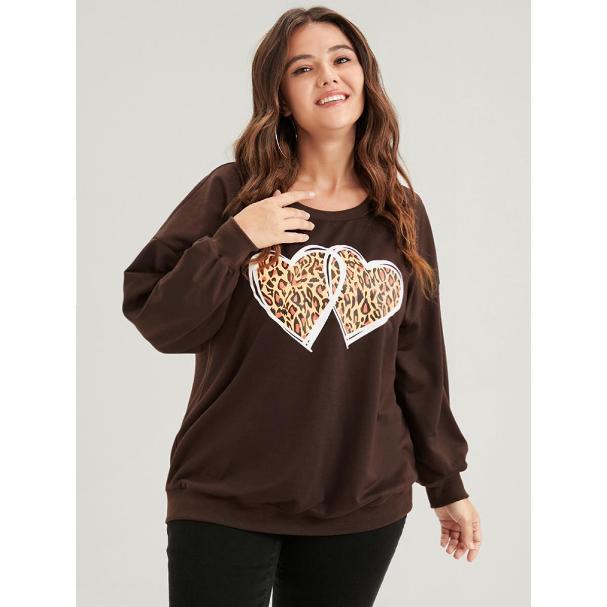 Plus Size Heart & Leopard Print Drop Shoulder Sweatshirt Women DarkBrown Casual Plain Round Neck Dailywear Sweatshirts BloomChic 18-20/2X Product Image