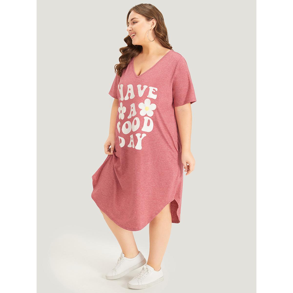 Plus Size Supersoft Essentials Letter & Floral Print V Neck Curved Hem Dress DustyPink Women Casual Plain Curvy Midi Dress BloomChic 14-16/1X Product Image