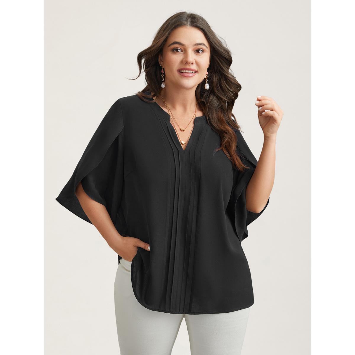 Plus Size Browncoffeecolor Petal Sleeve Toothpick Pleats Shirt Women At the Office Elbow-length sleeve Notched collar Work Blouses BloomChic 18-20/2X Product Image