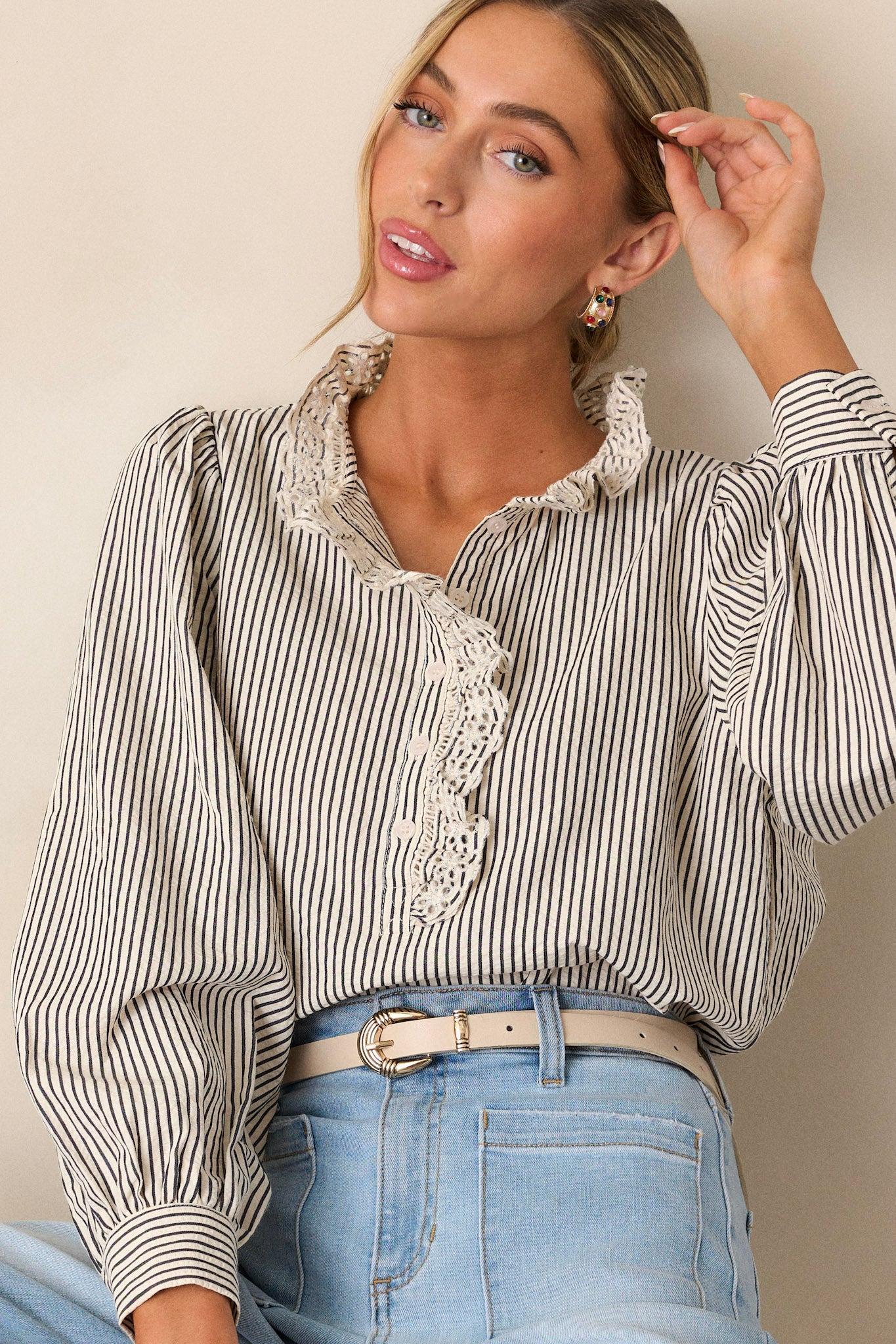Not Over Yet Navy Stripe Long Sleeve Top Product Image