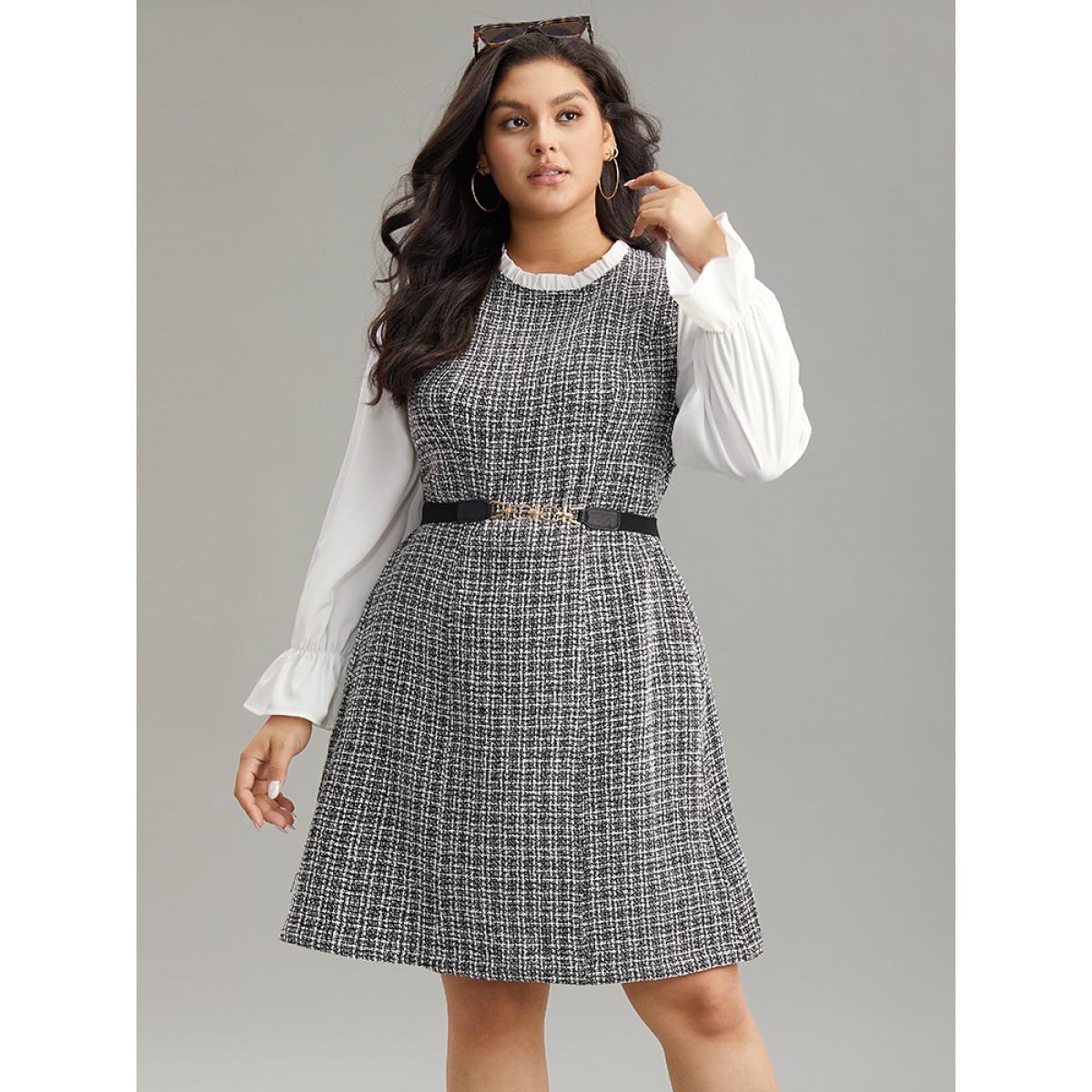 Plus Size Plaid Patchwork Ruffle Trim Knee Dress White Women Office Texture Mock Neck Long Sleeve Curvy Knee Dress BloomChic 22-24/3X Product Image