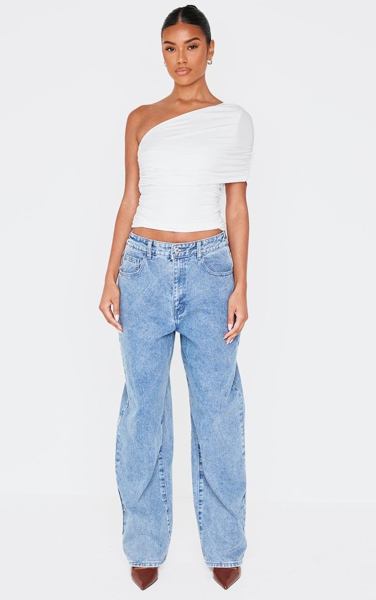 White Contour Jersey One Shoulder Fold Over Ruched Top Product Image