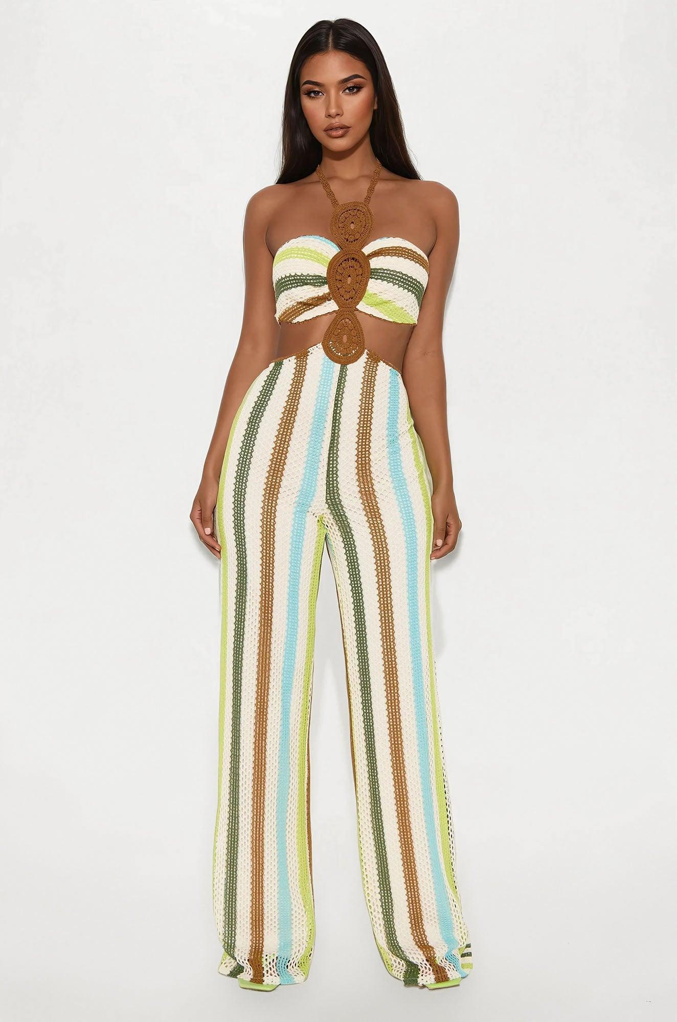 Island Getaway Crochet Halter Jumpsuit - Brown/combo Product Image